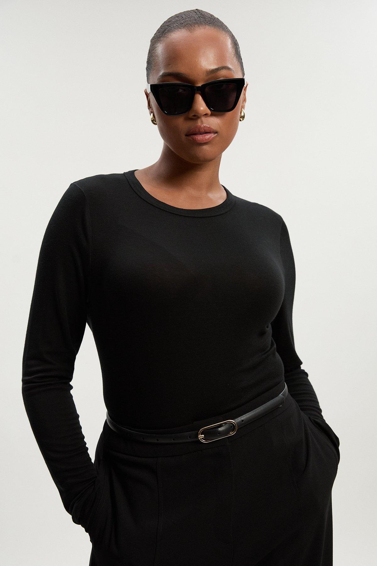 Plus Size Wool Blend Crew Neck Long Sleeve Top - Black