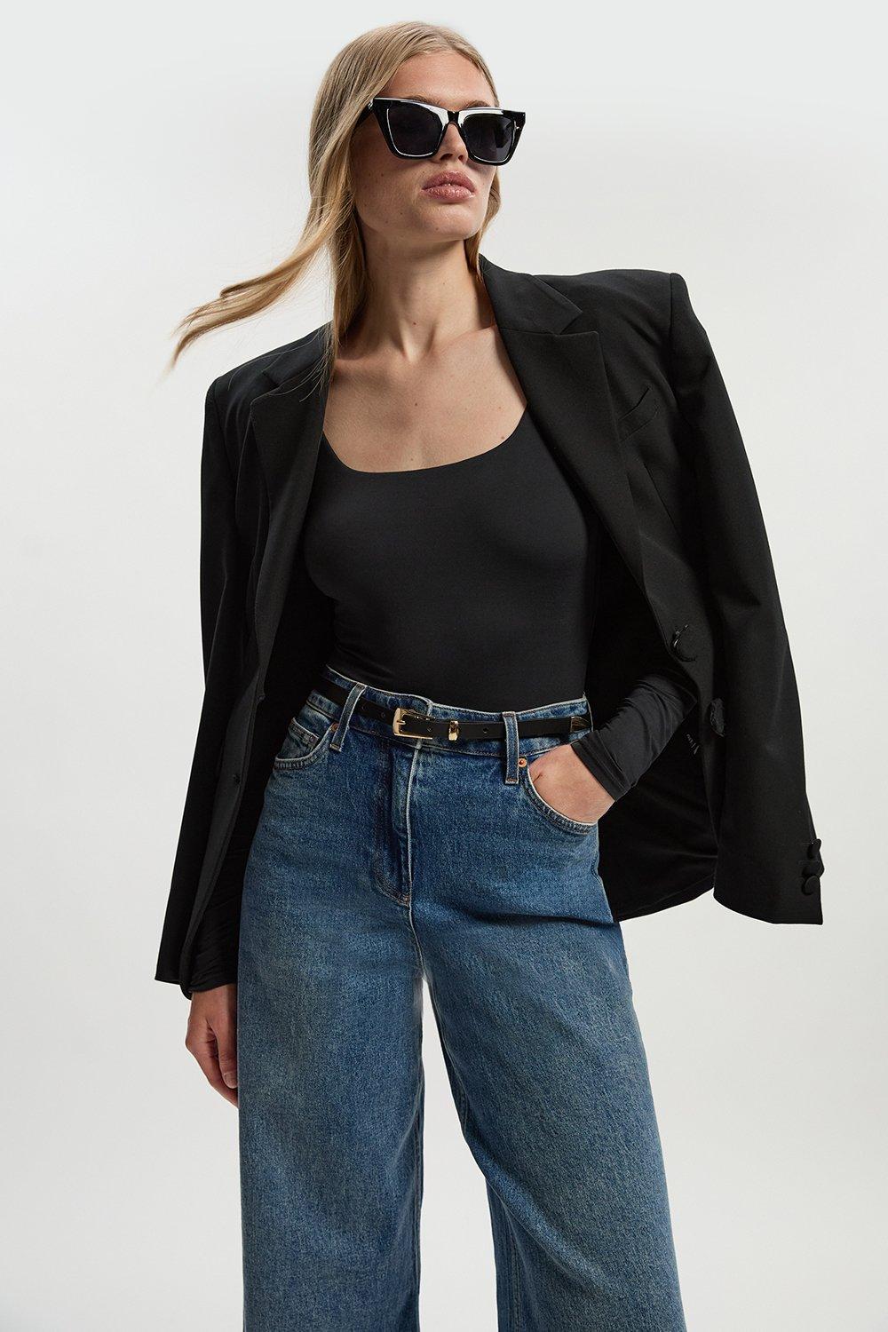 Scoop Neck Long Sleeve Contour Jersey Bodysuit - Black