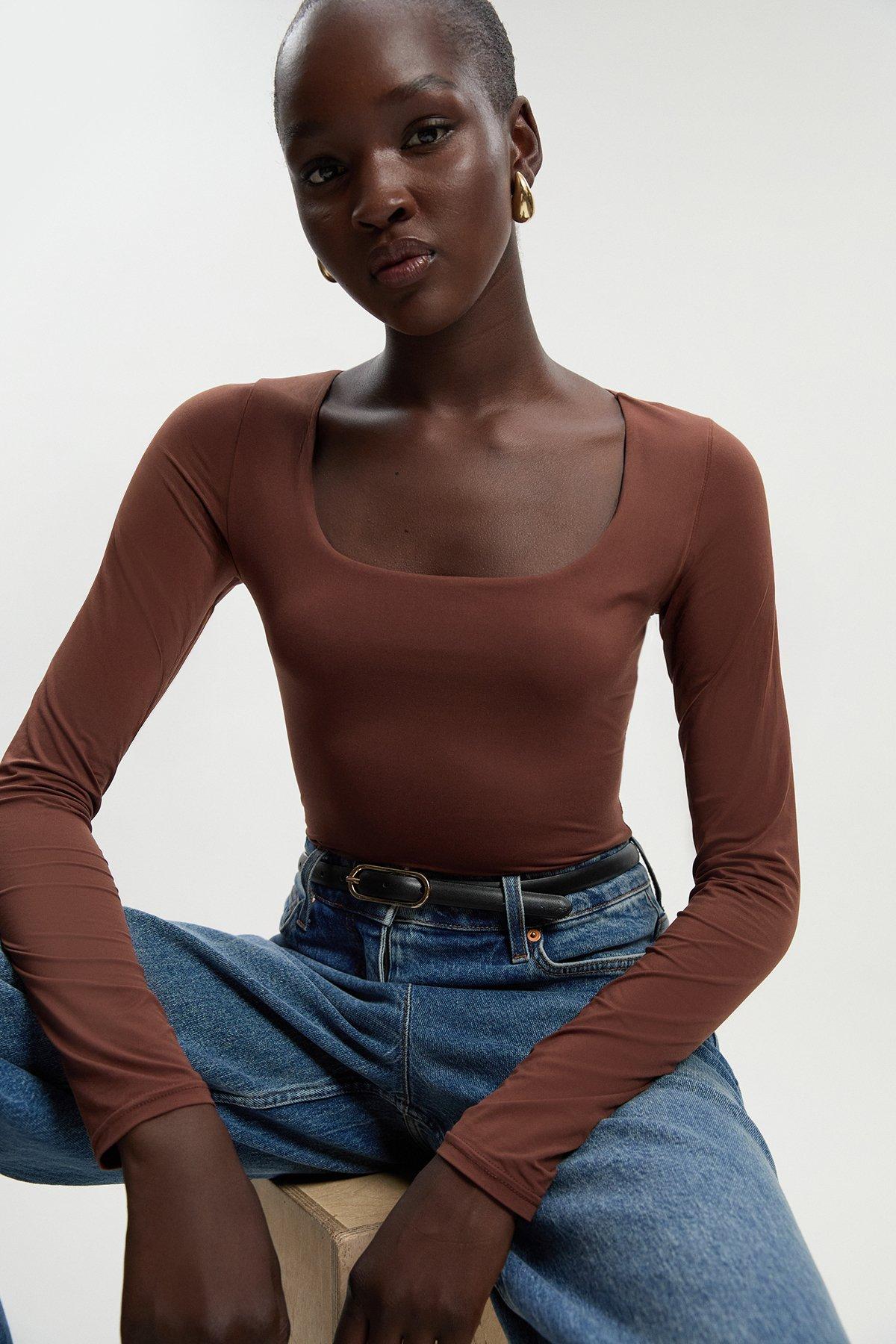 Scoop Neck Long Sleeve Contour Jersey Bodysuit - Brown