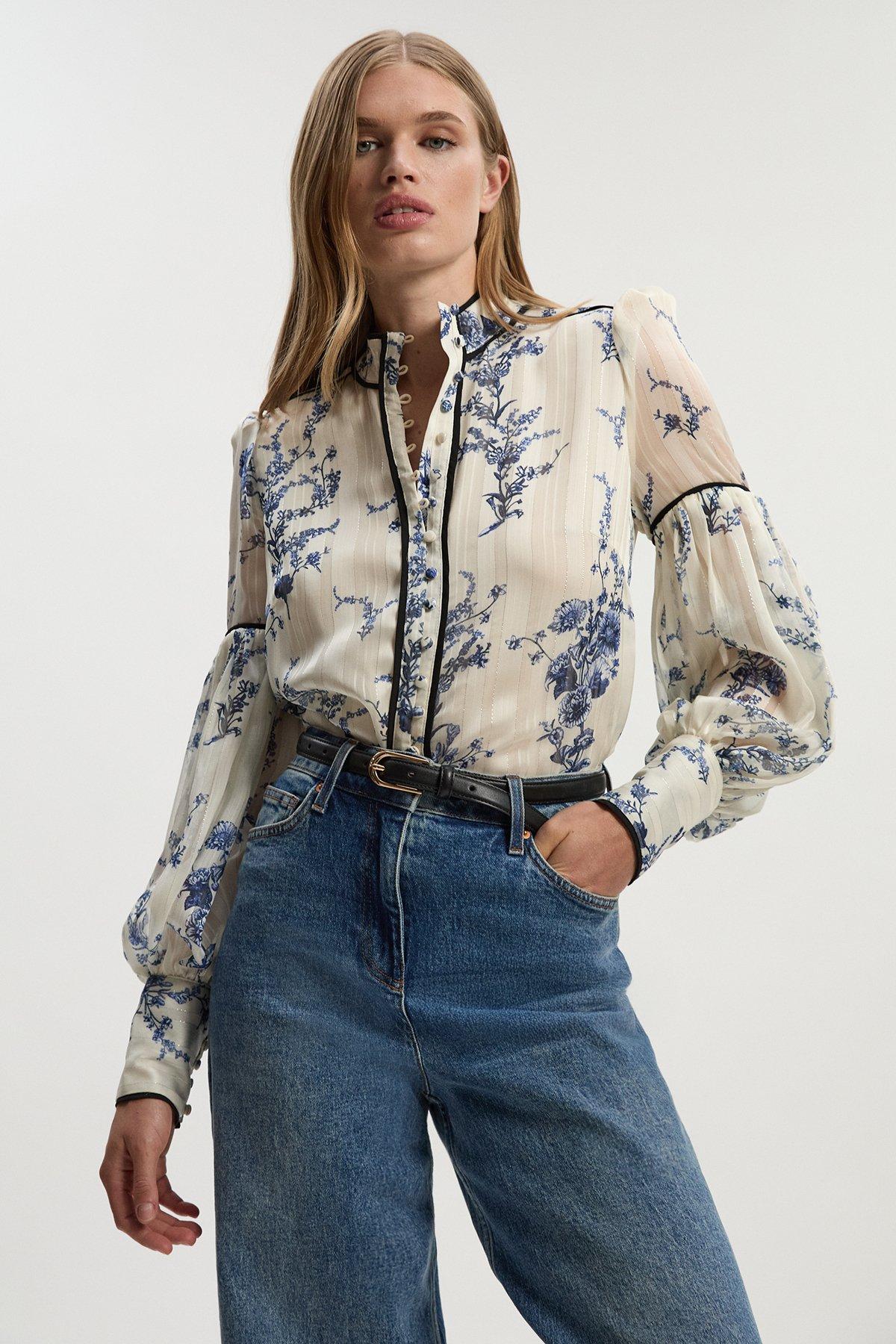 Floral Print Tie Neck Woven Balloon Sleeve Blouse - Blue