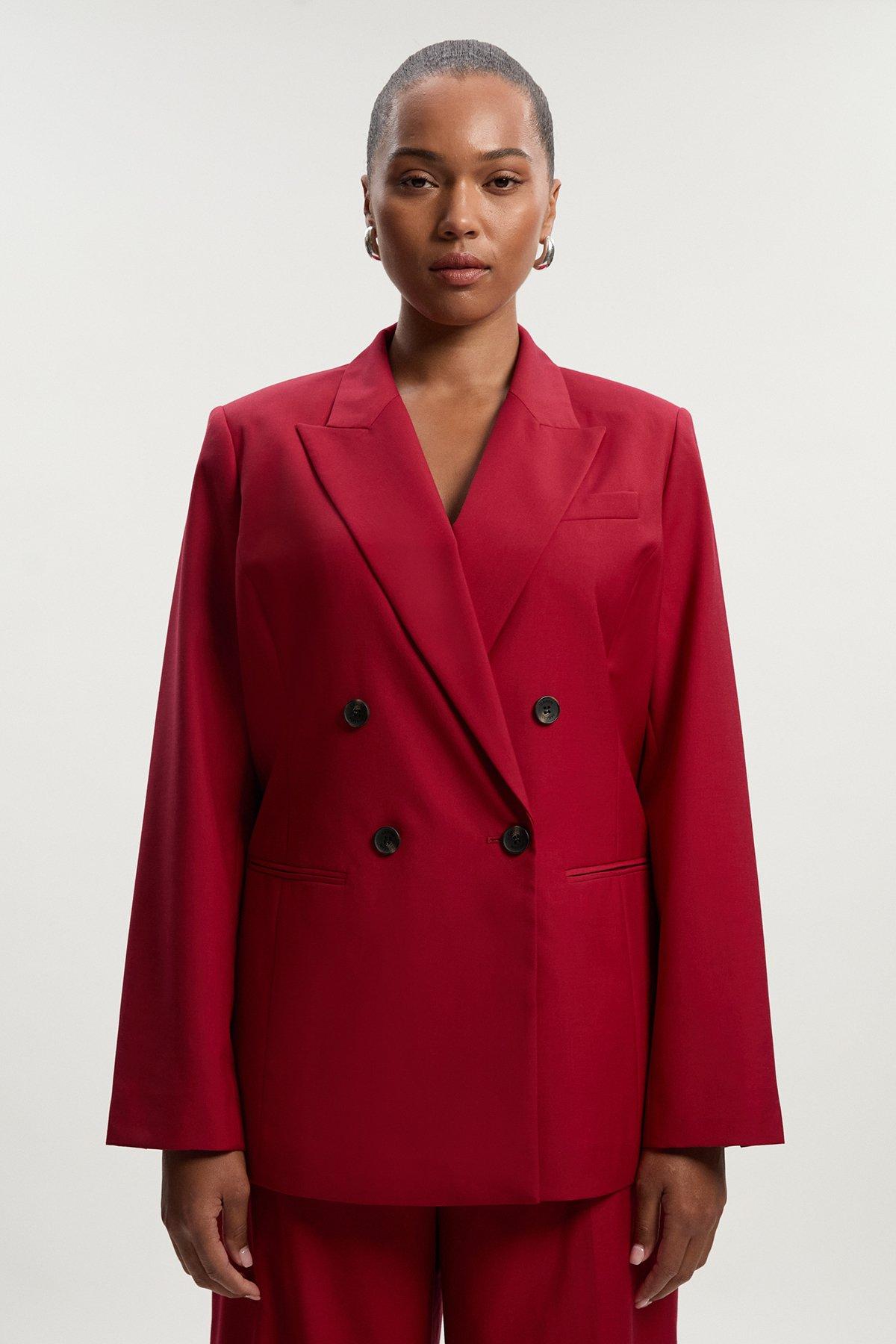 Plus Size Polished Double Breasted Tailored Blazer - Red