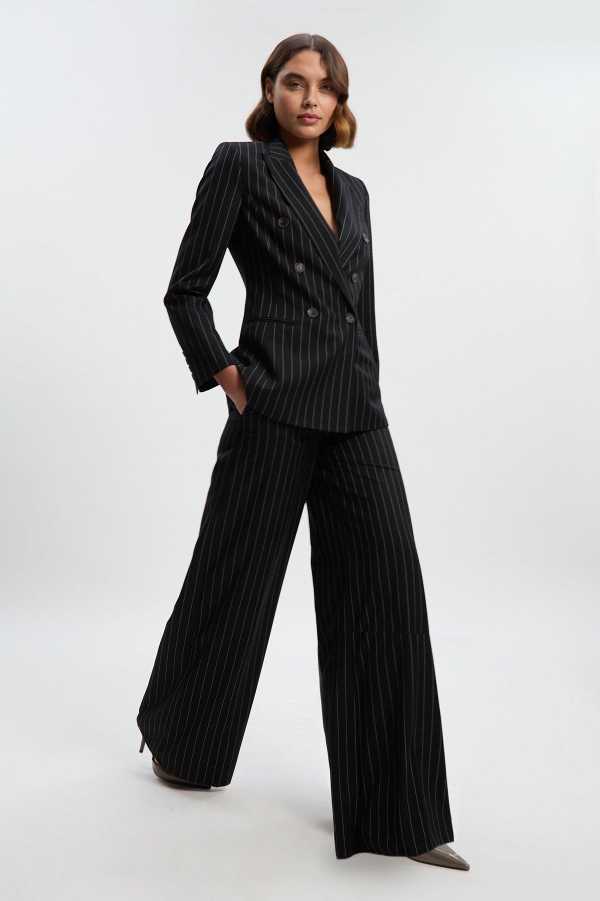 Petite Pinstripe Wide Leg Tailored Trouser - Black