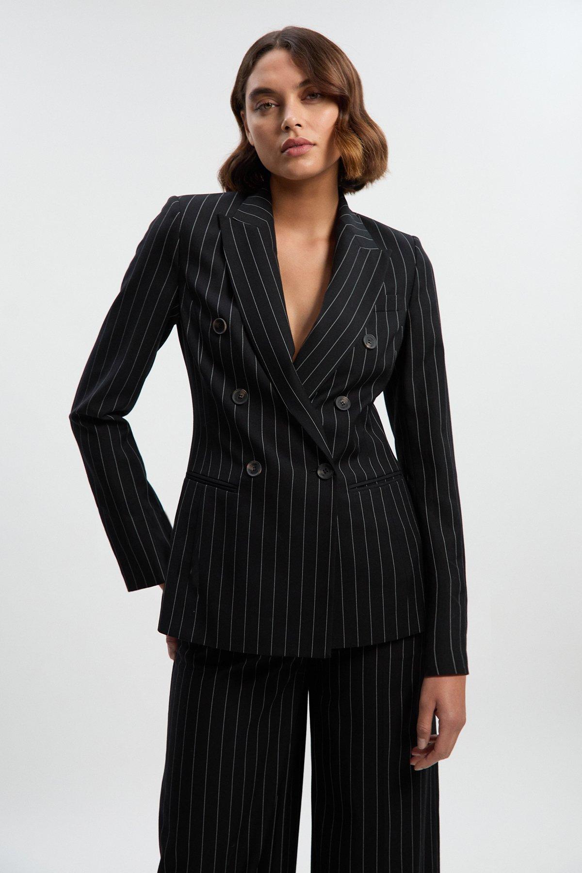 Petite Pinstripe Double Breasted Tailored Blazer - Black