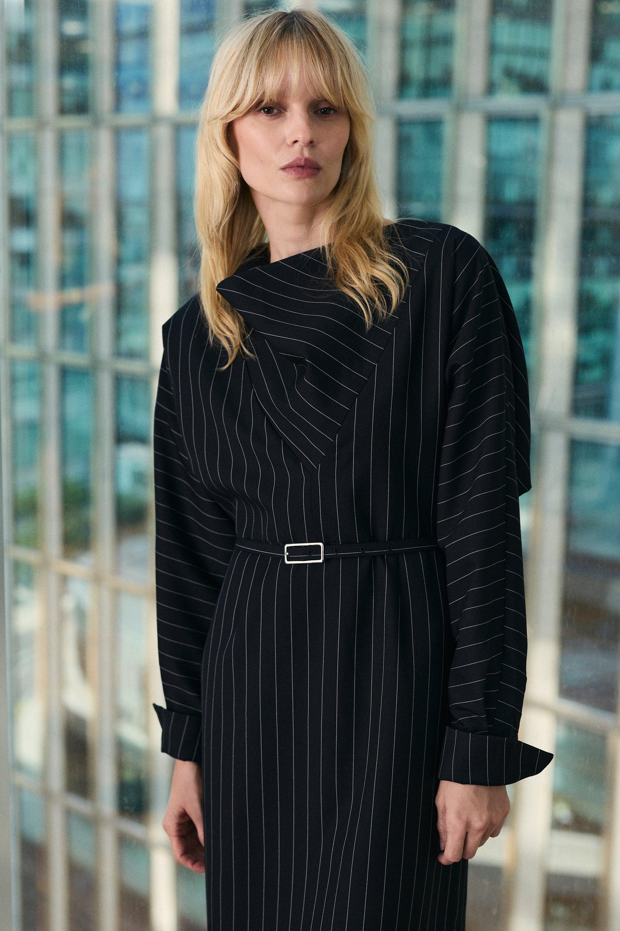 Pinstripe Cowl Neck Tailored Pencil Midi Dress - Black