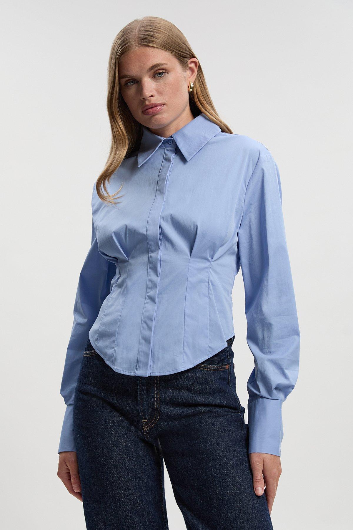 Crepe Pleating Detail Woven Shirt - Blue