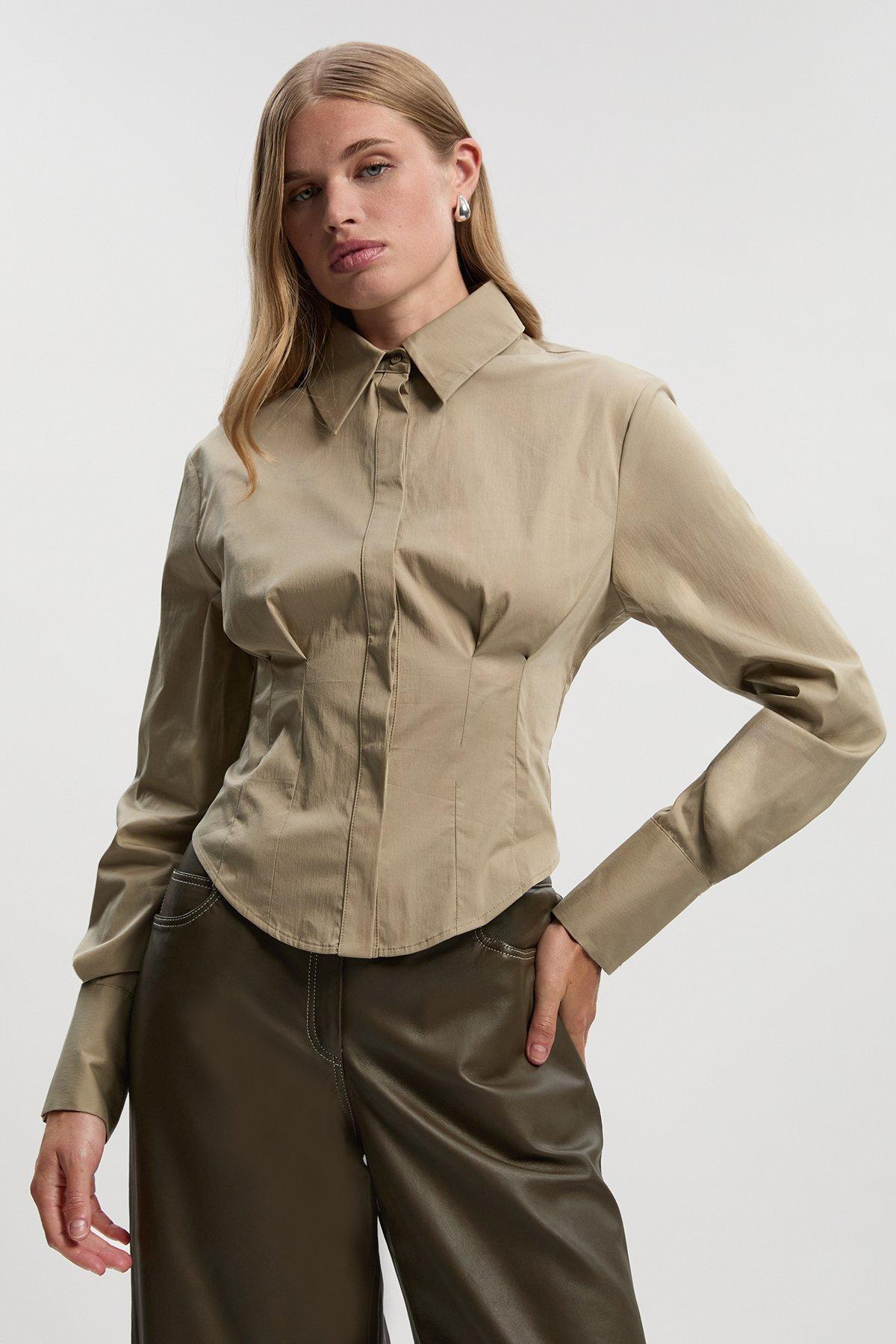 Crepe Pleating Detail Woven Shirt - Brown