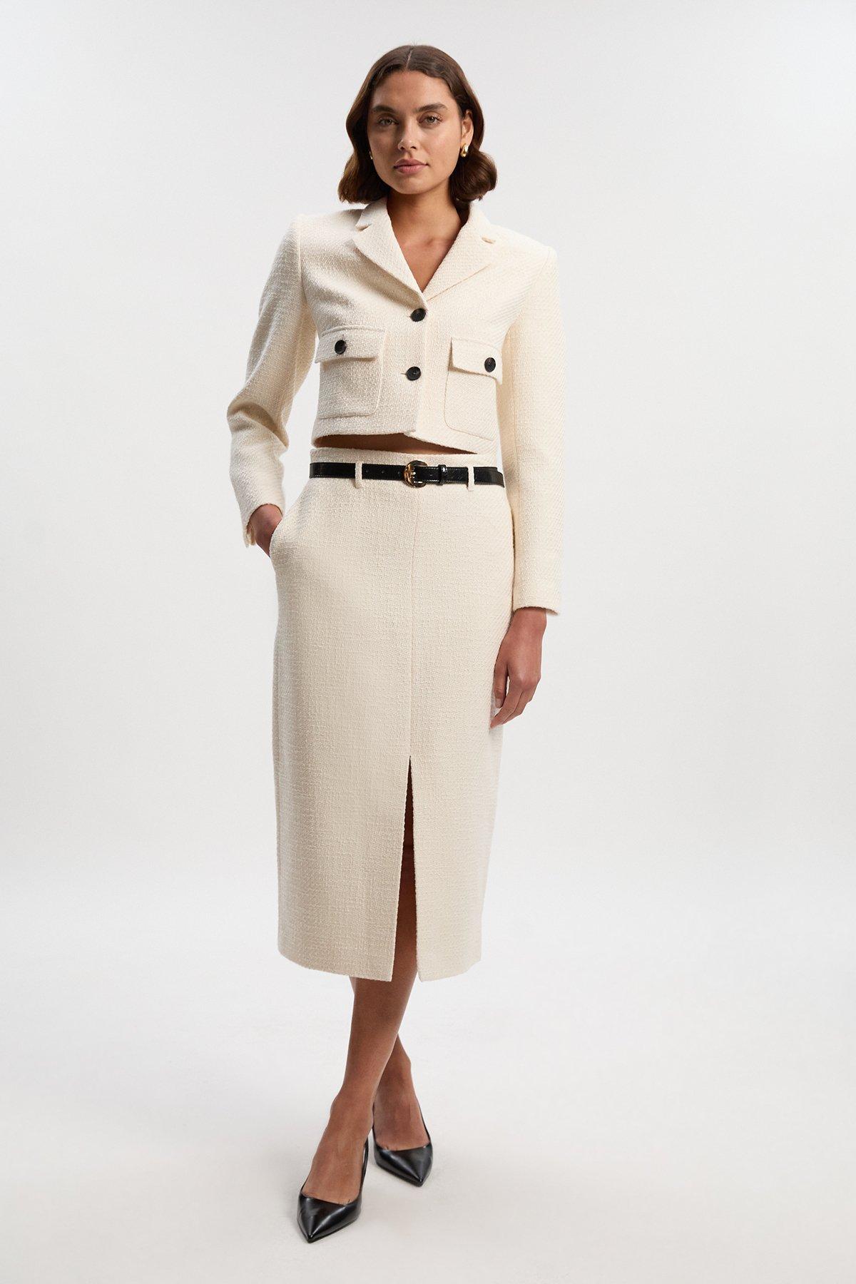 Textured Tweed Belted Tailored Pencil Skirt - Cream