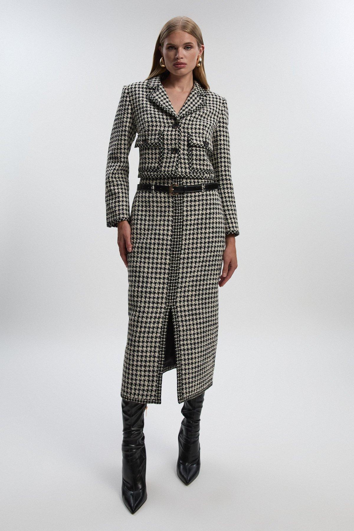 Textured Tweed Belted Tailored Pencil Skirt