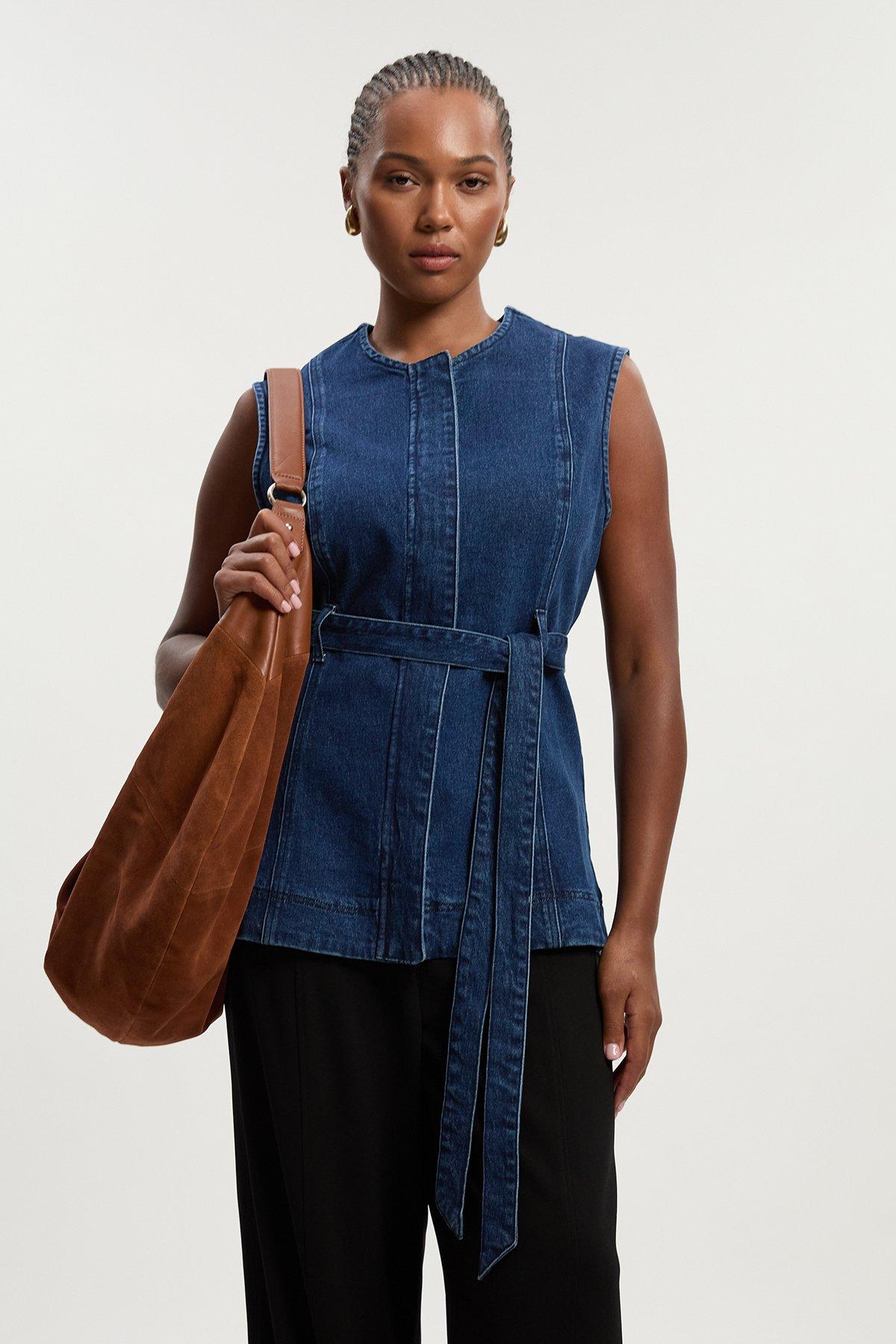 Plus Size Denim Sleeveless Belted Jacket - Dark Blue