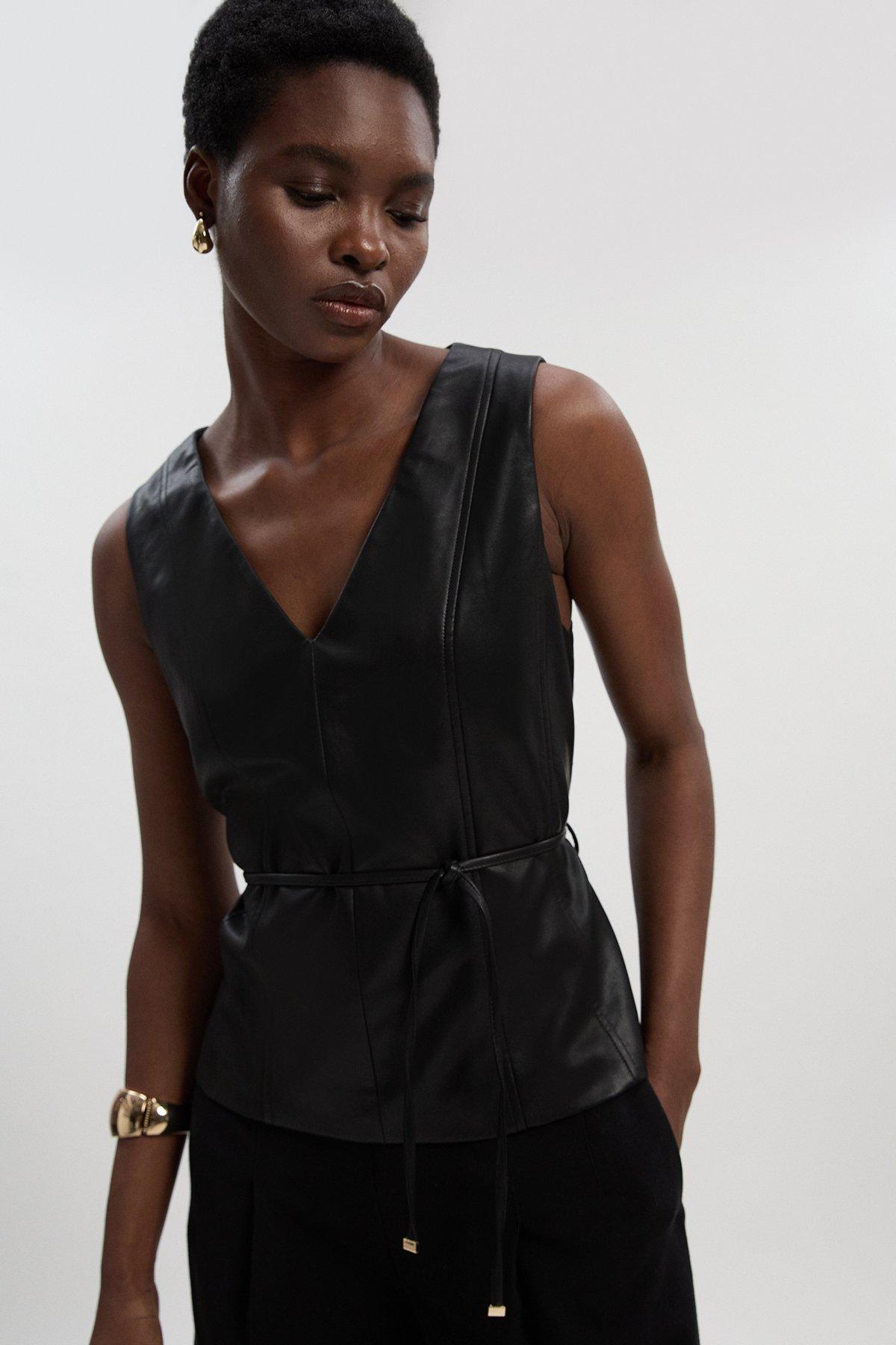 Faux Leather Tie Waist Tailored Top - Brown