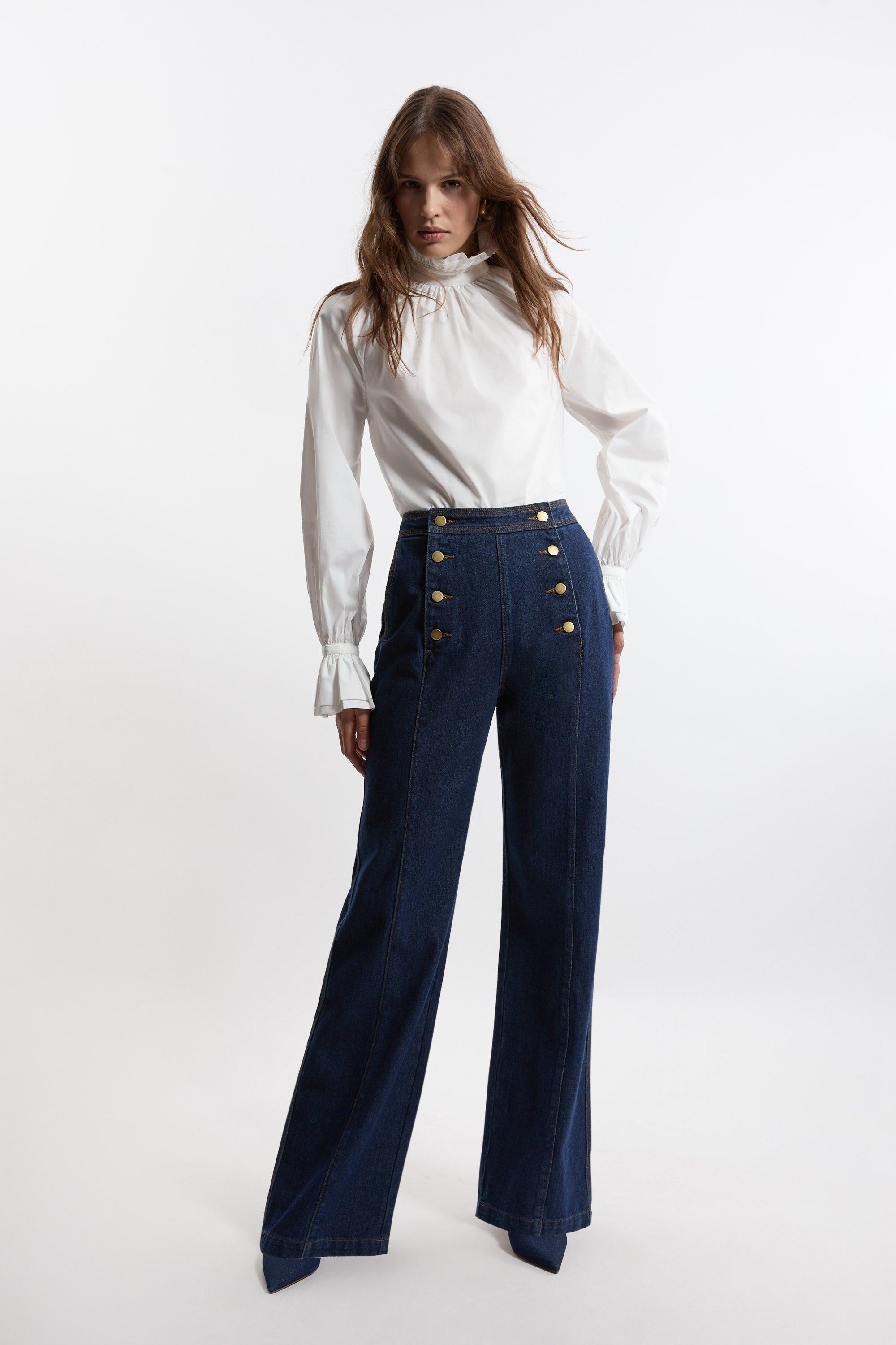 Petite Denim Tailored Button Front Straight Leg Jeans - Indigo