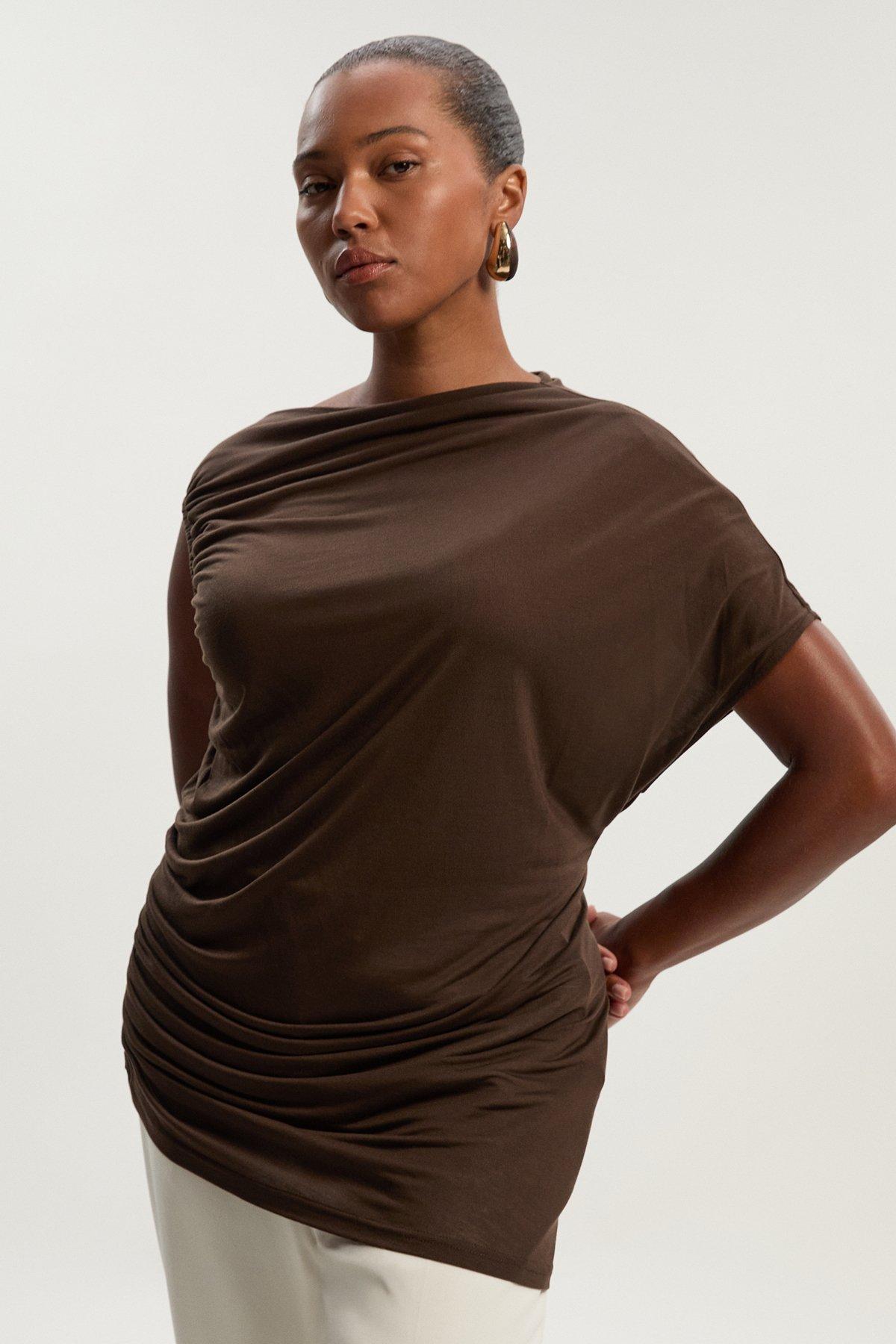 Plus Size Tencel Ruched Detail Top - Brown