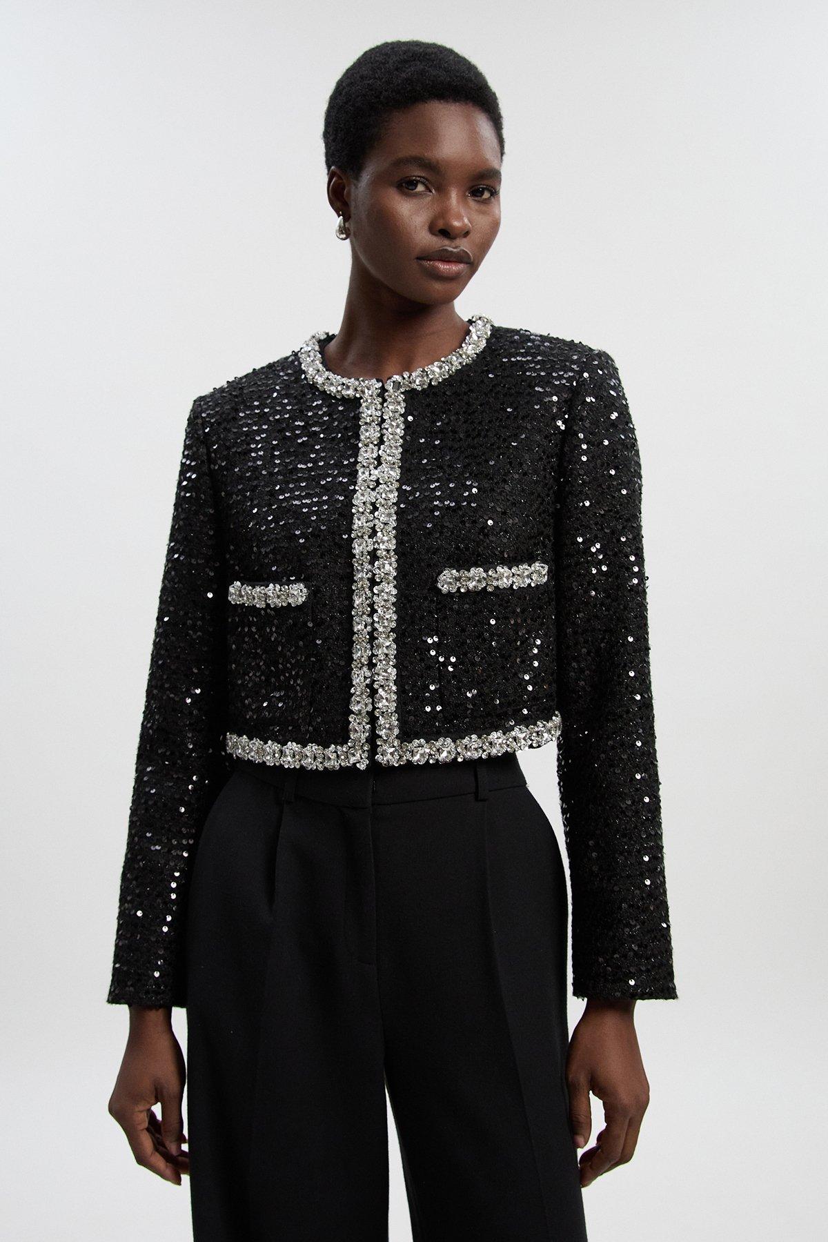 Petite Tailored Sequin Tweed Embellished Cropped Jacket - Black