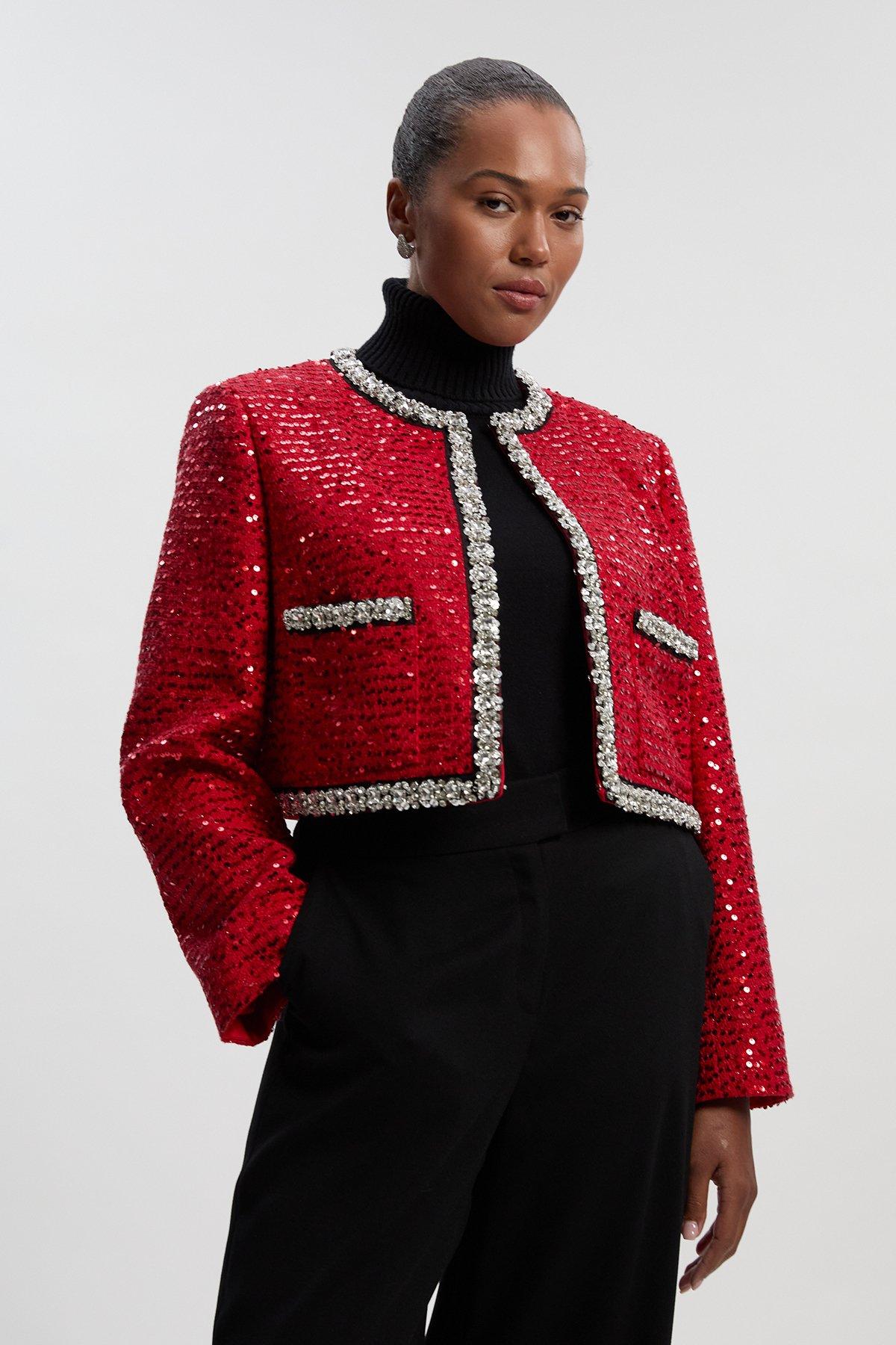 Plus Size Tailored Sequin Tweed Embellished Cropped Jacket - Red