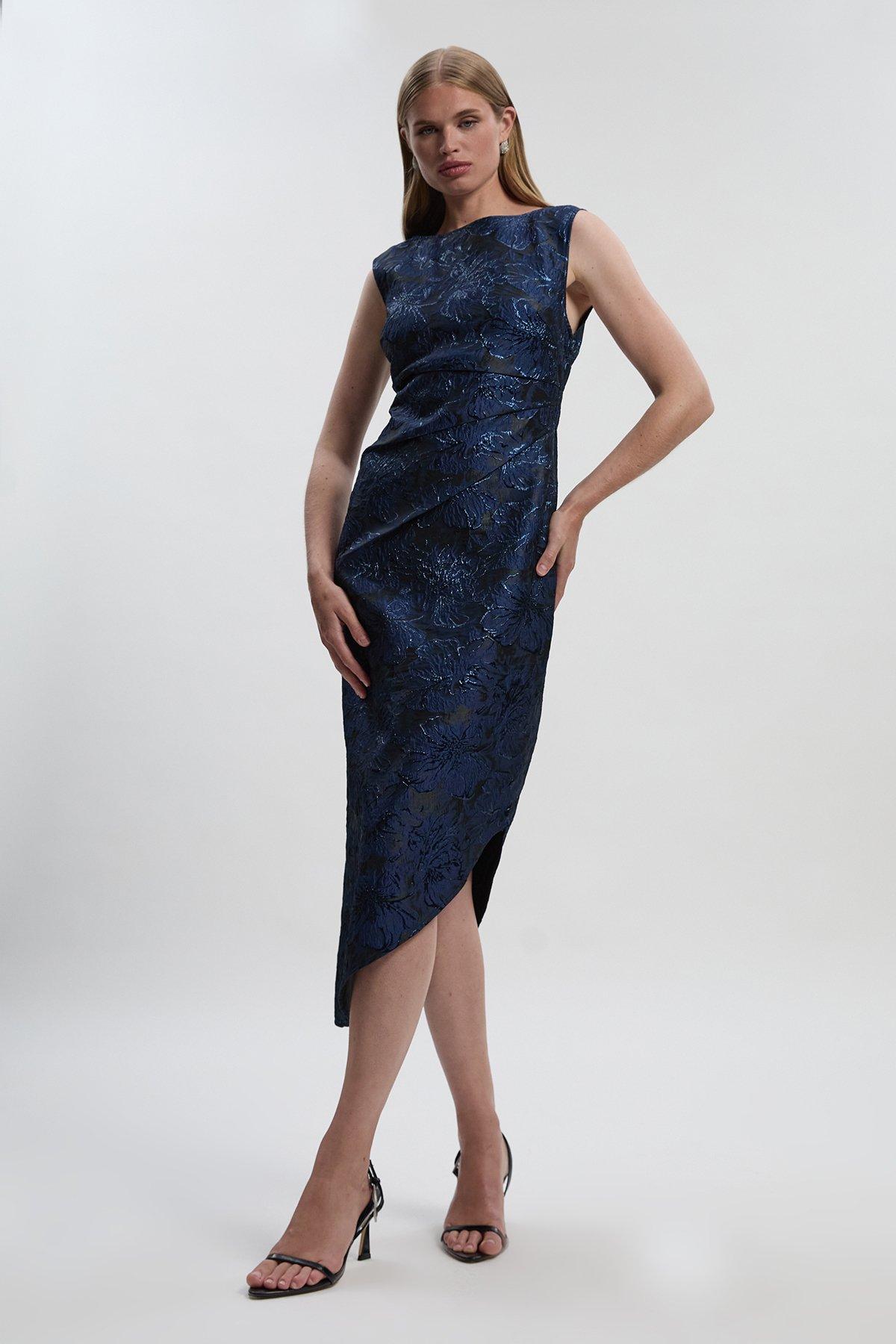 Petite Floral Textured Jacquard Asymmetric Pencil Dress - Blue