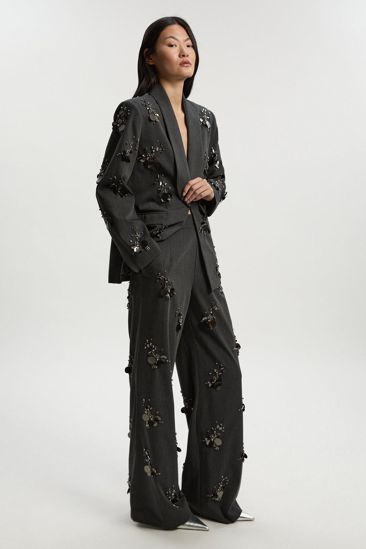 Petite Cluster Sequin & Crystal Embellished Tailored Wide Leg Trouser - Grey