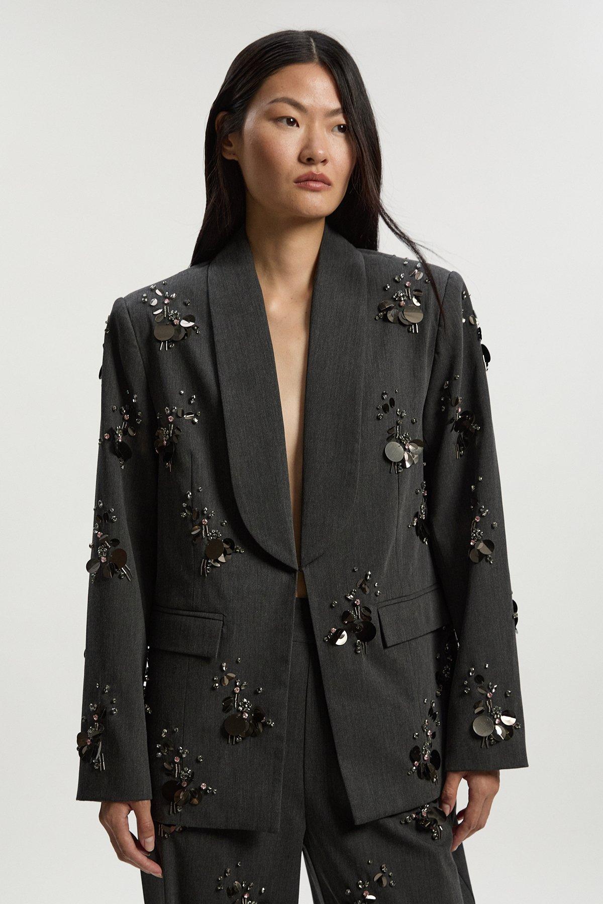 Petite Cluster Sequin & Crystal Embellished Tailored Single Breast Blazer - Grey