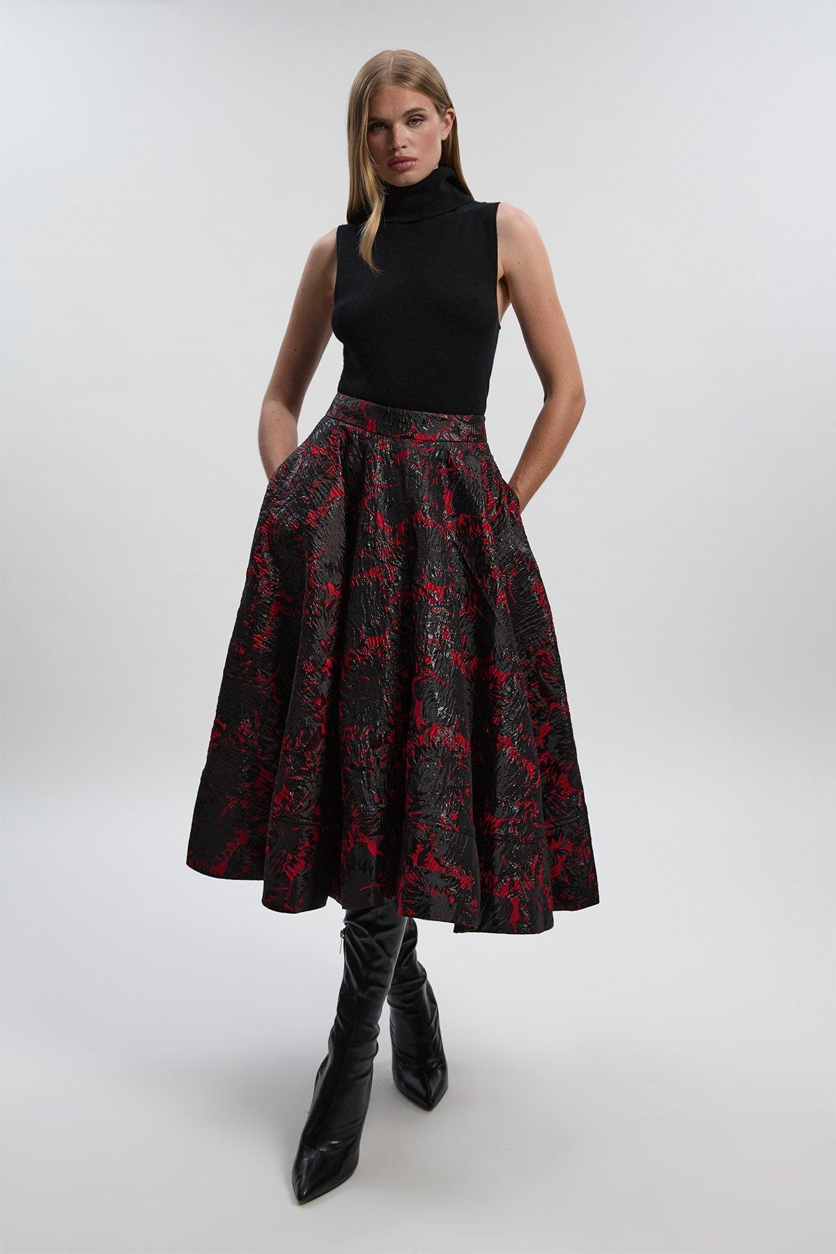 Floral Jacquard Tailored Full Prom Skirt - Red