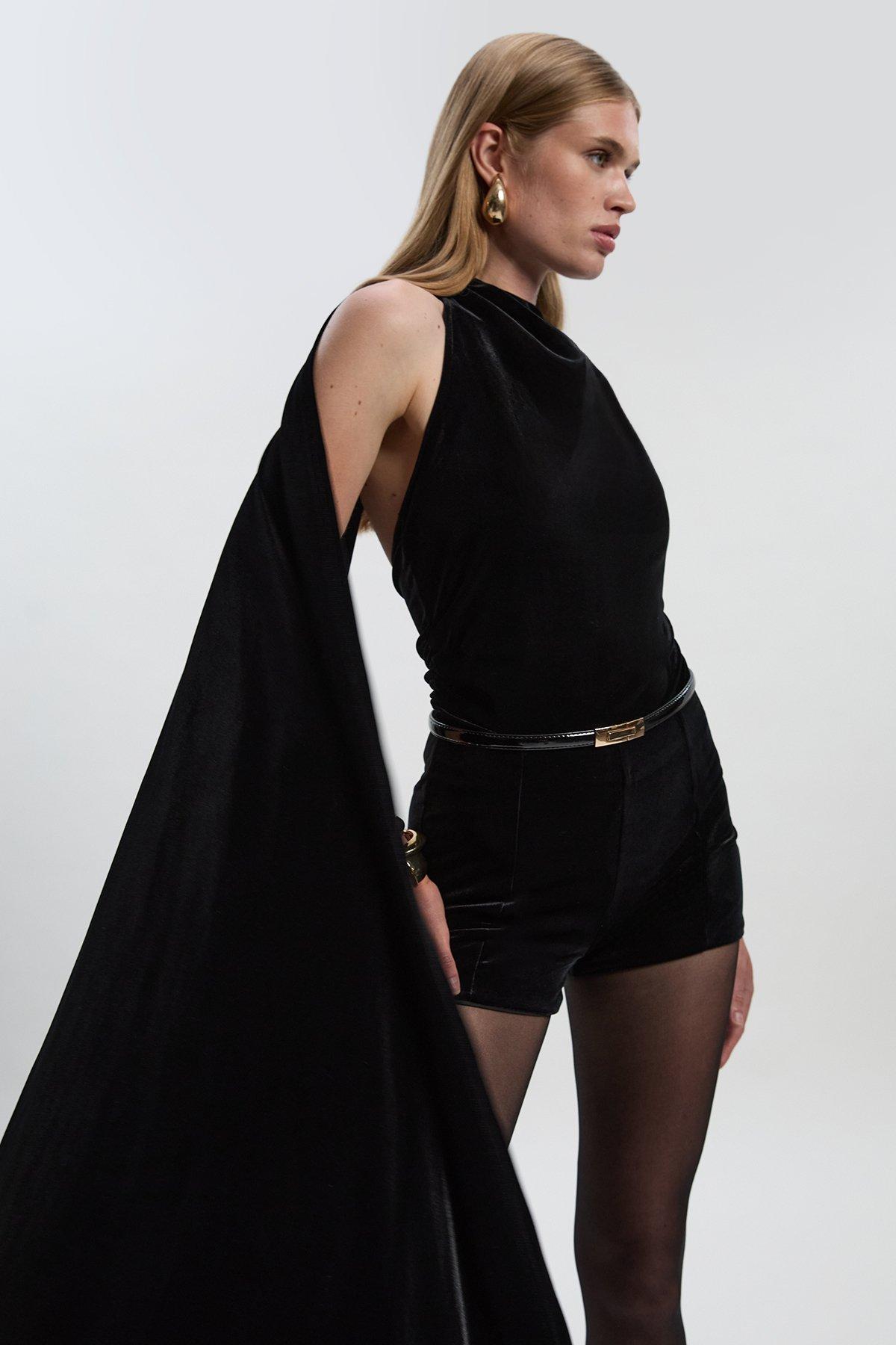 Stretch Velvet High Neck Cape Shoulder Bodysuit - Black
