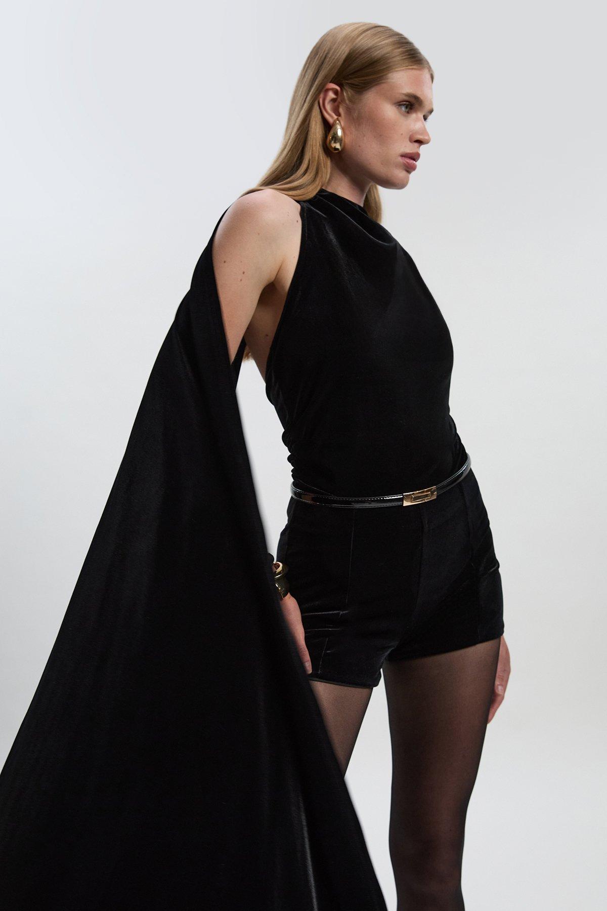 Petite Stretch Velvet High Neck Cape Shoulder Bodysuit - Black