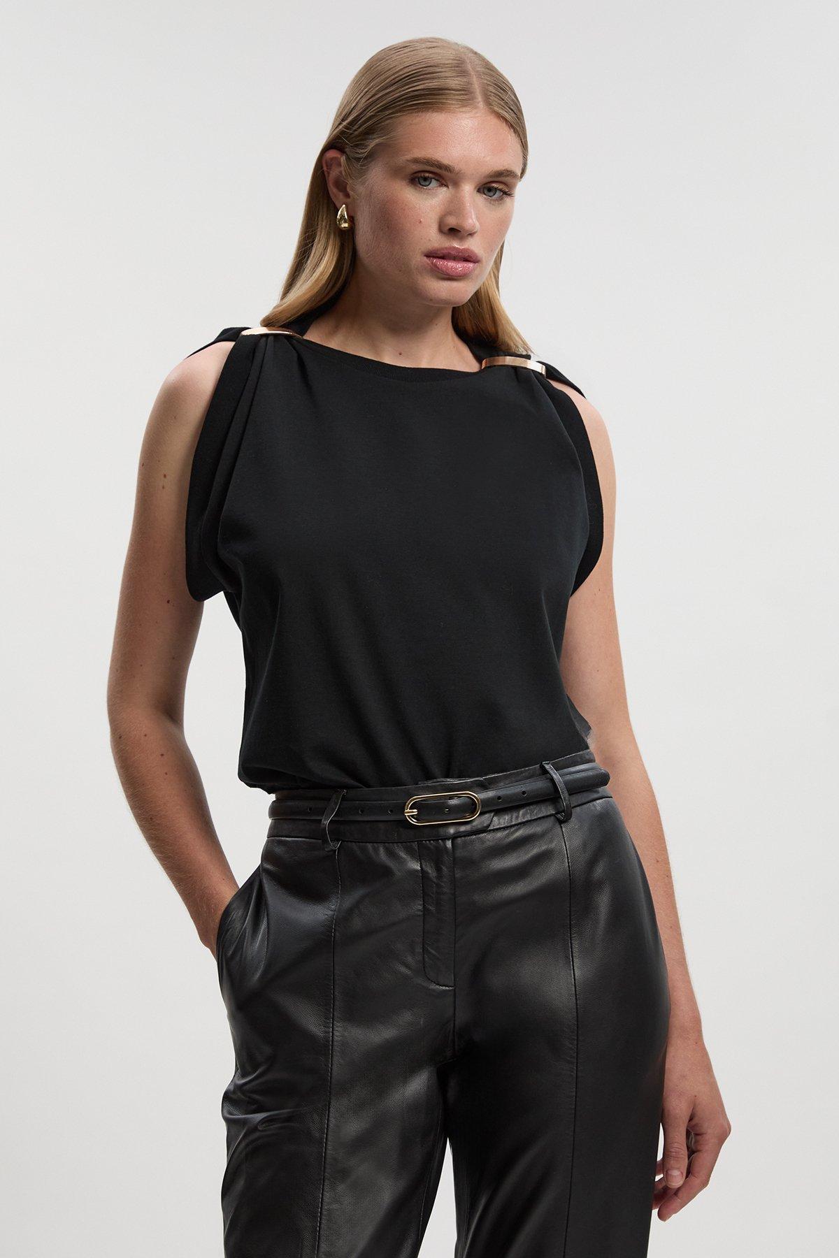 Cotton Trim Detail Short Sleeve Ruched Tshirt - Black