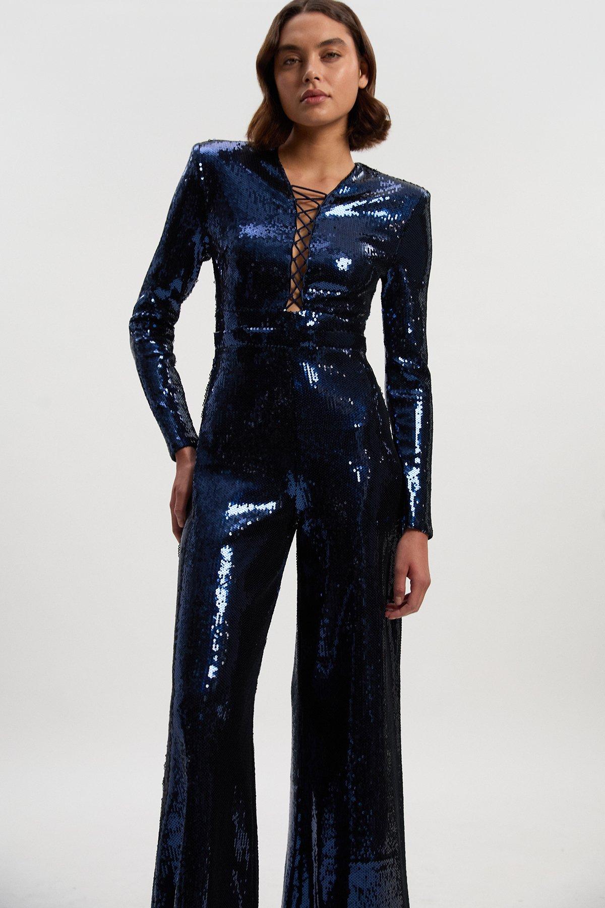 Petite Sequin Power Mesh Lace Up Detail Long Sleeve Jumpsuit - Navy