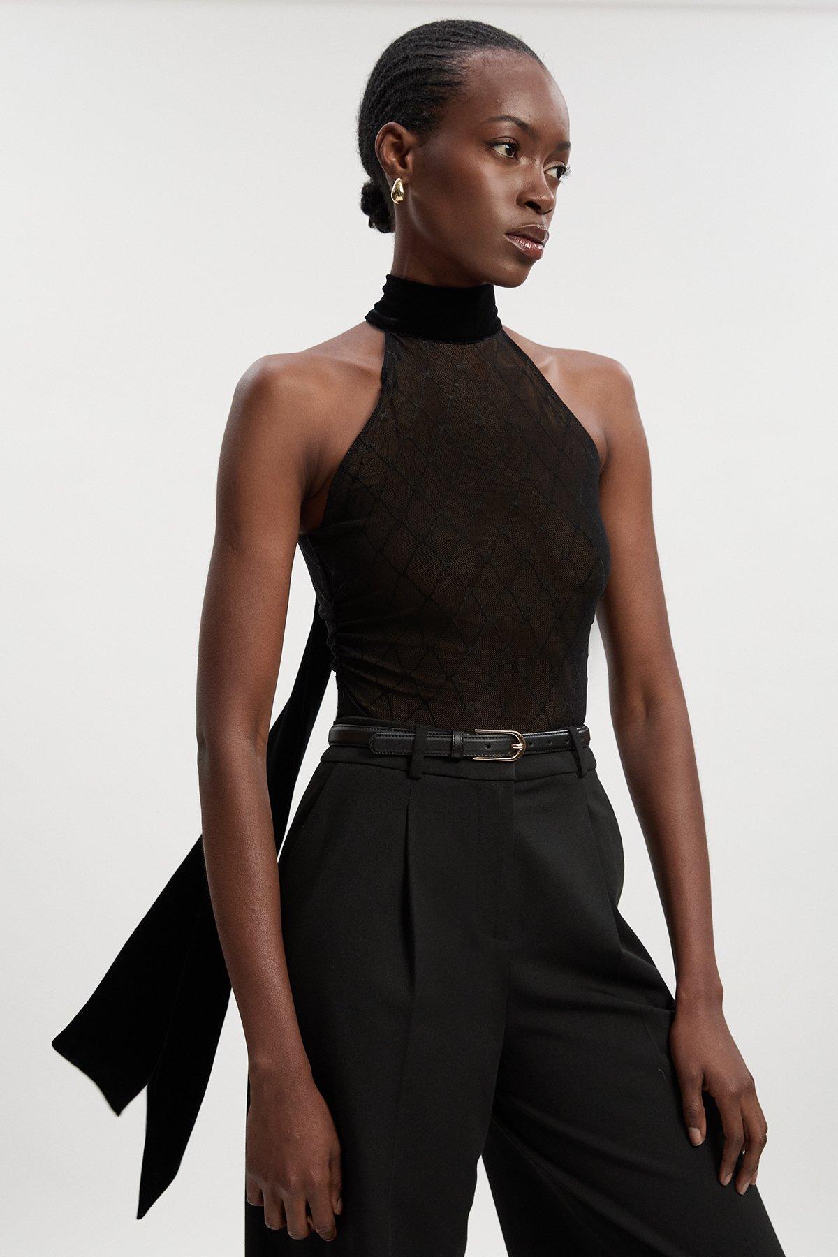 Mesh With Velvet Bow Neck Detail Halter Neck Bodysuit - Black