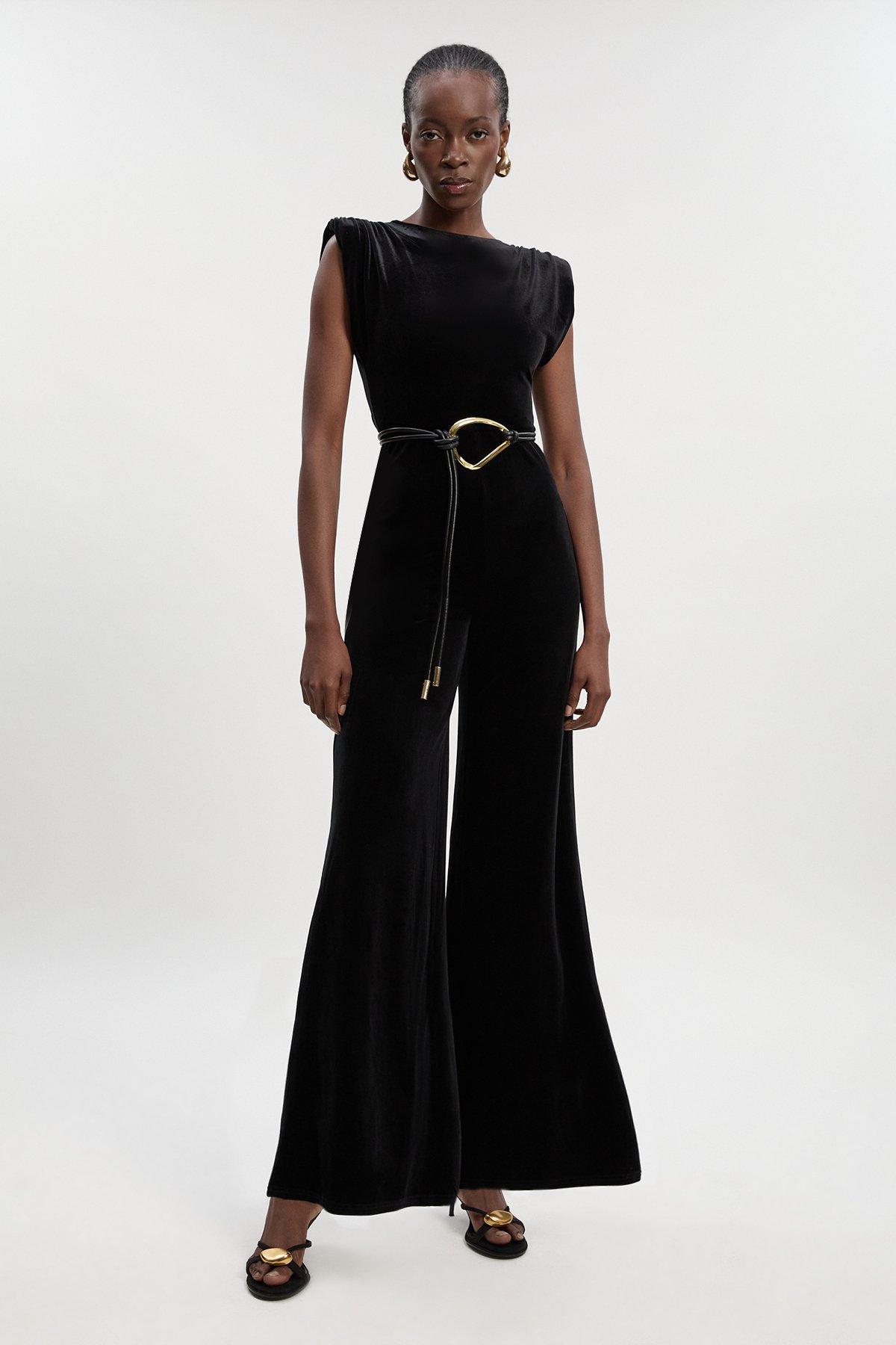 Stretch Velvet Strong Shoulder Jumpsuit - Black