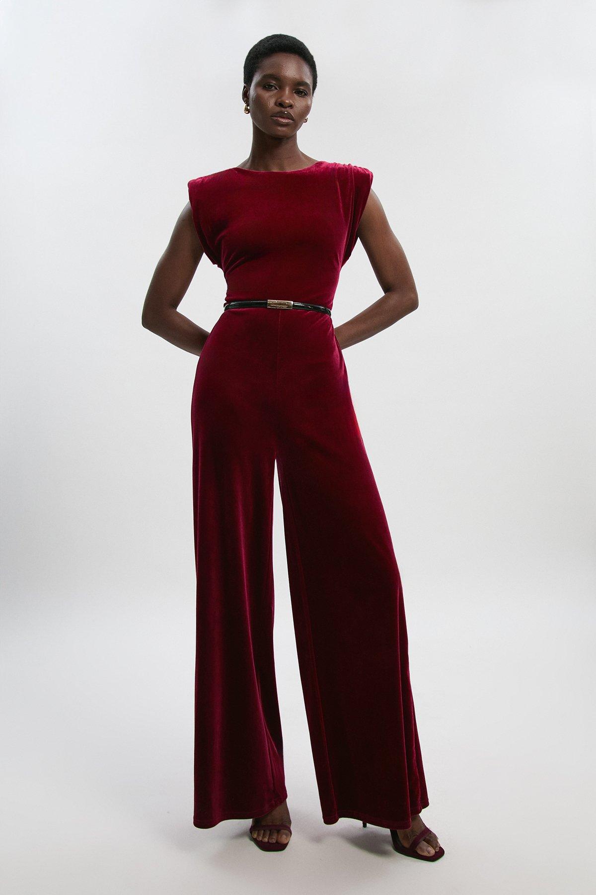 Stretch Velvet Strong Shoulder Jumpsuit - Red