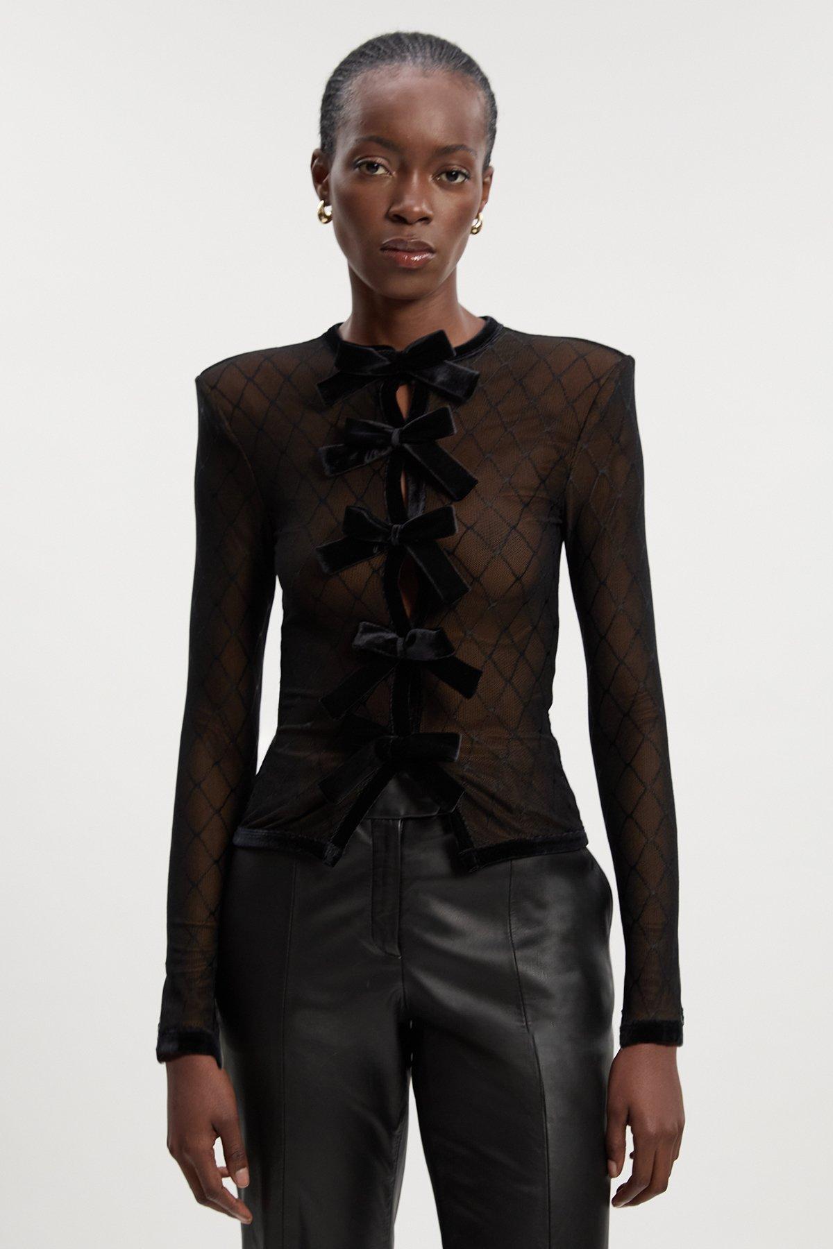 Mesh With Velvet Bow Trim Detail Crew Neck Long Sleeve Top - Black