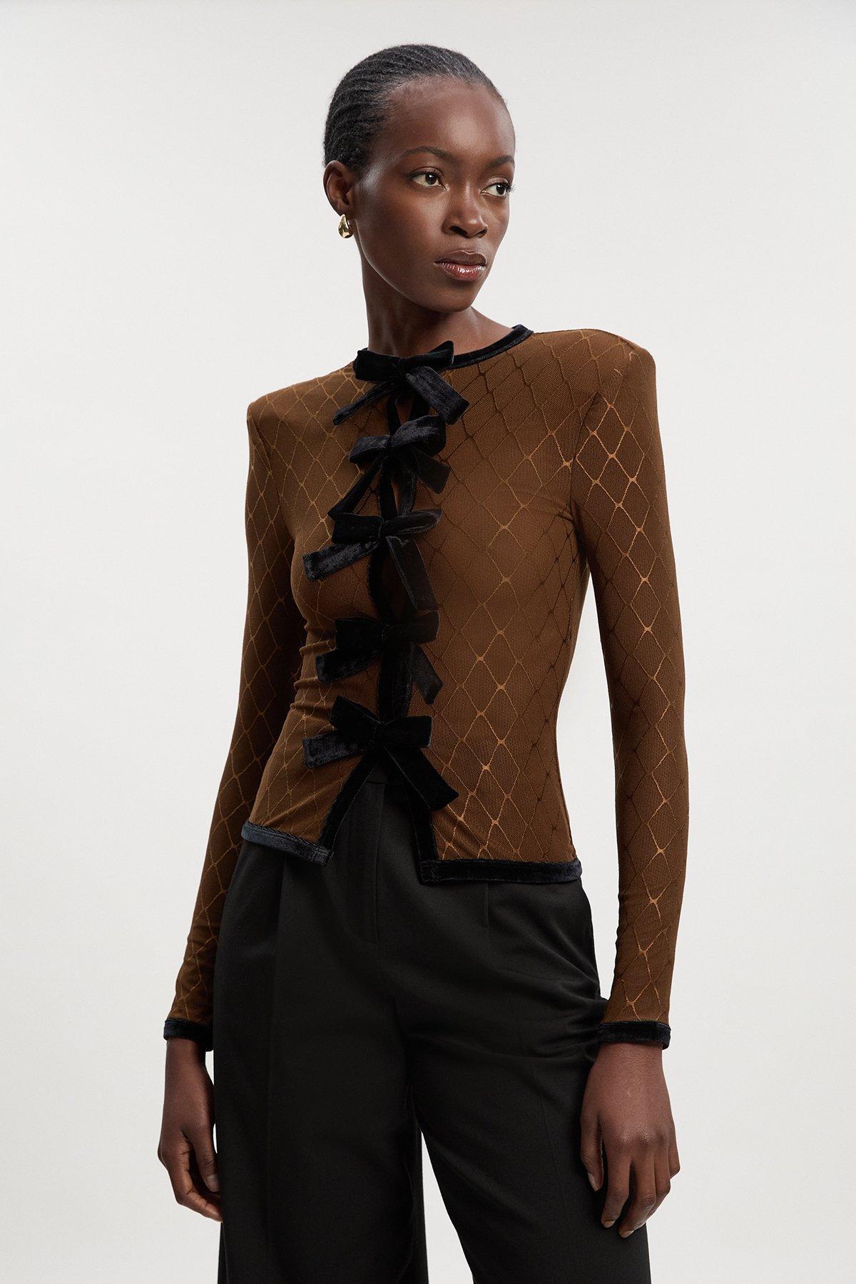 Mesh With Velvet Bow Trim Detail Crew Neck Long Sleeve Top - Khaki/Green