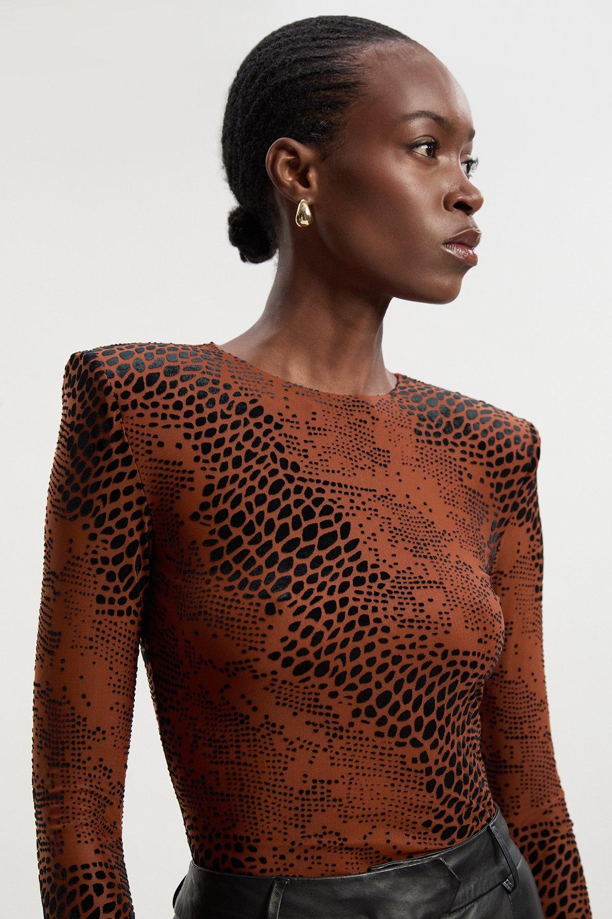 Animal Stretch Velvet Devore Crew Neck Bodysuit - Orange