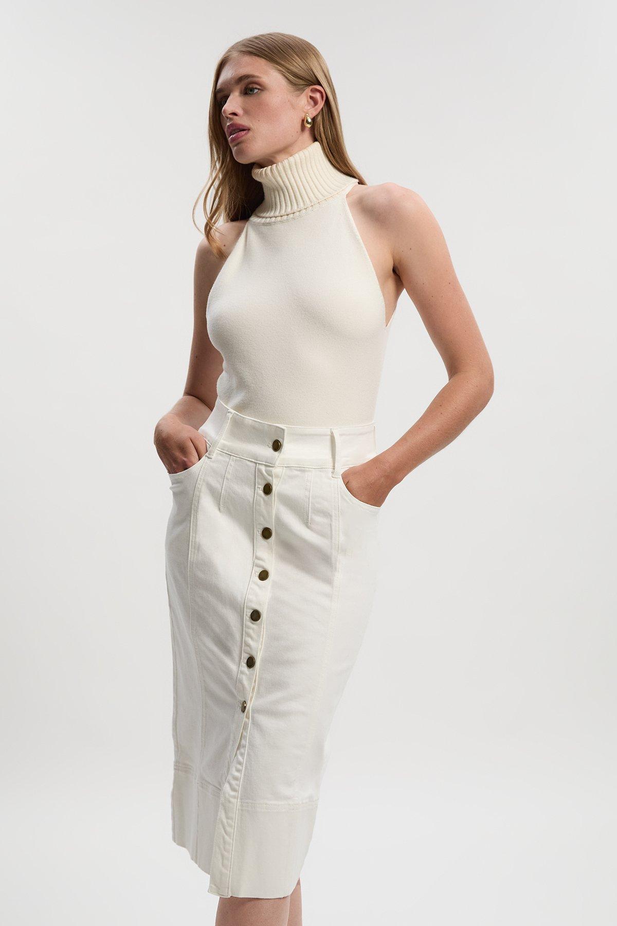 Denim Corset Waist Detail Pencil Skirt - Cream