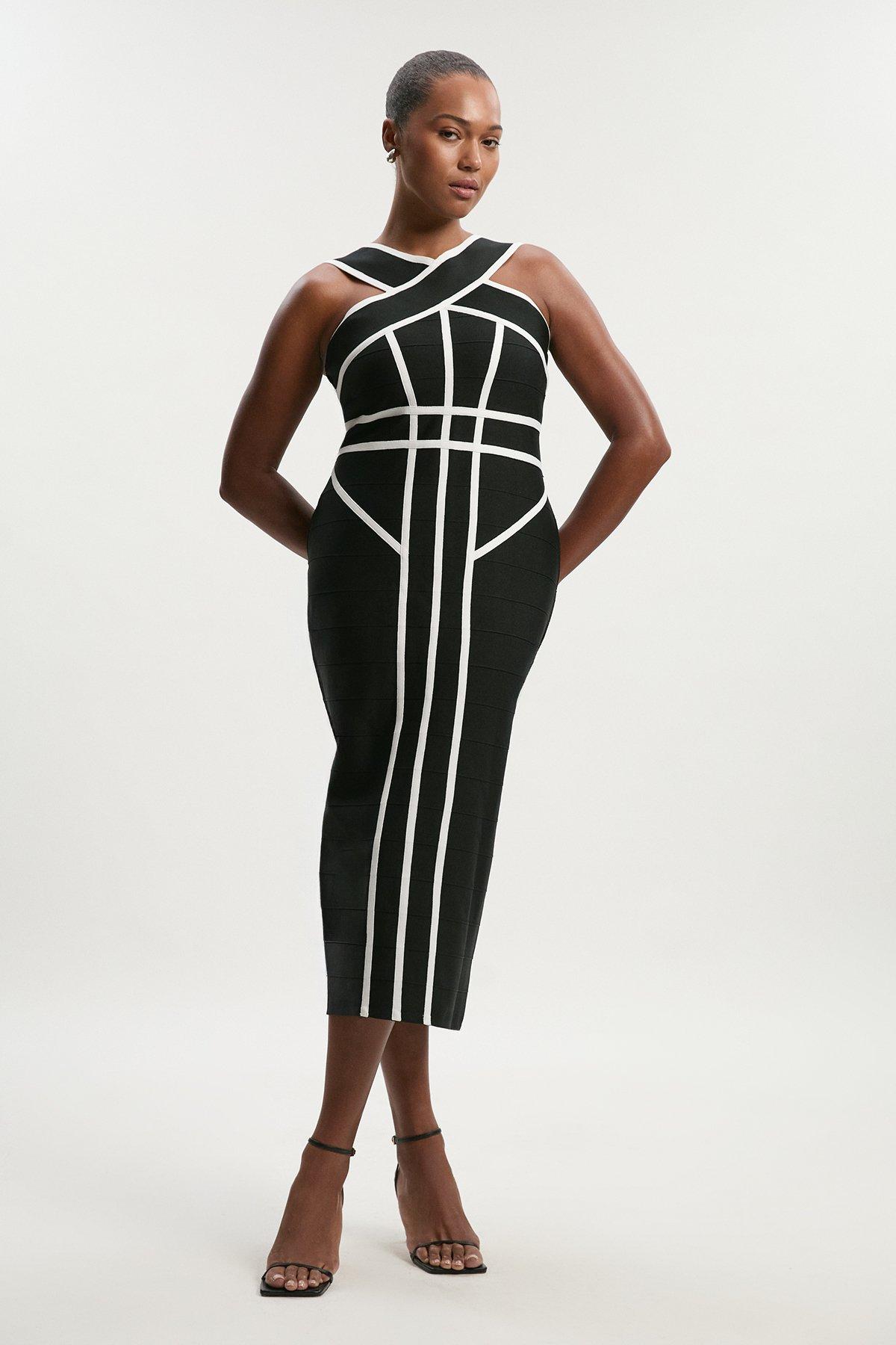 Plus Size Bandage Knit Contrast Cross Front Dress - Black