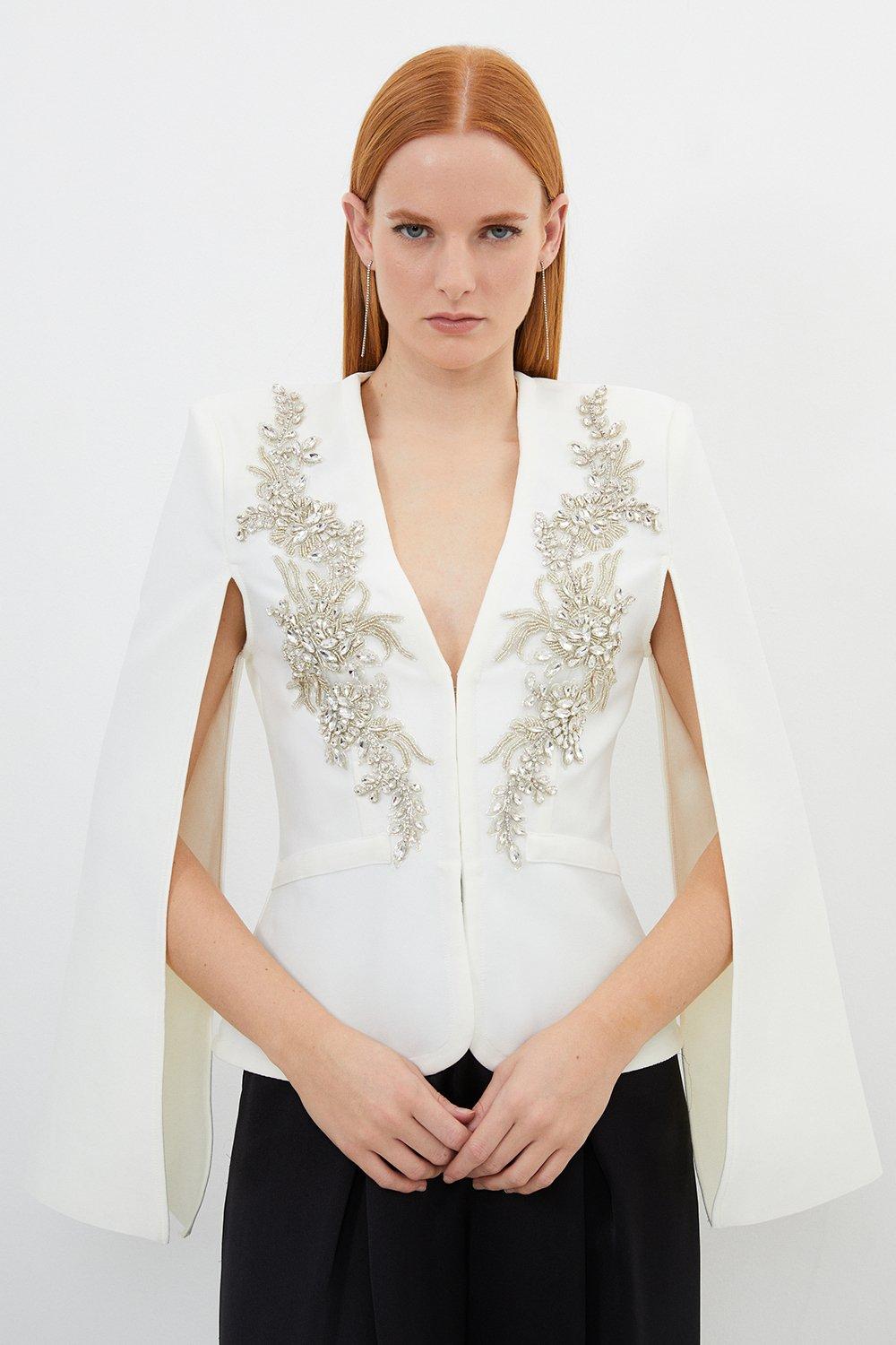 Bandage Form Fitting Cape Sleeve Embellished Jacket - White