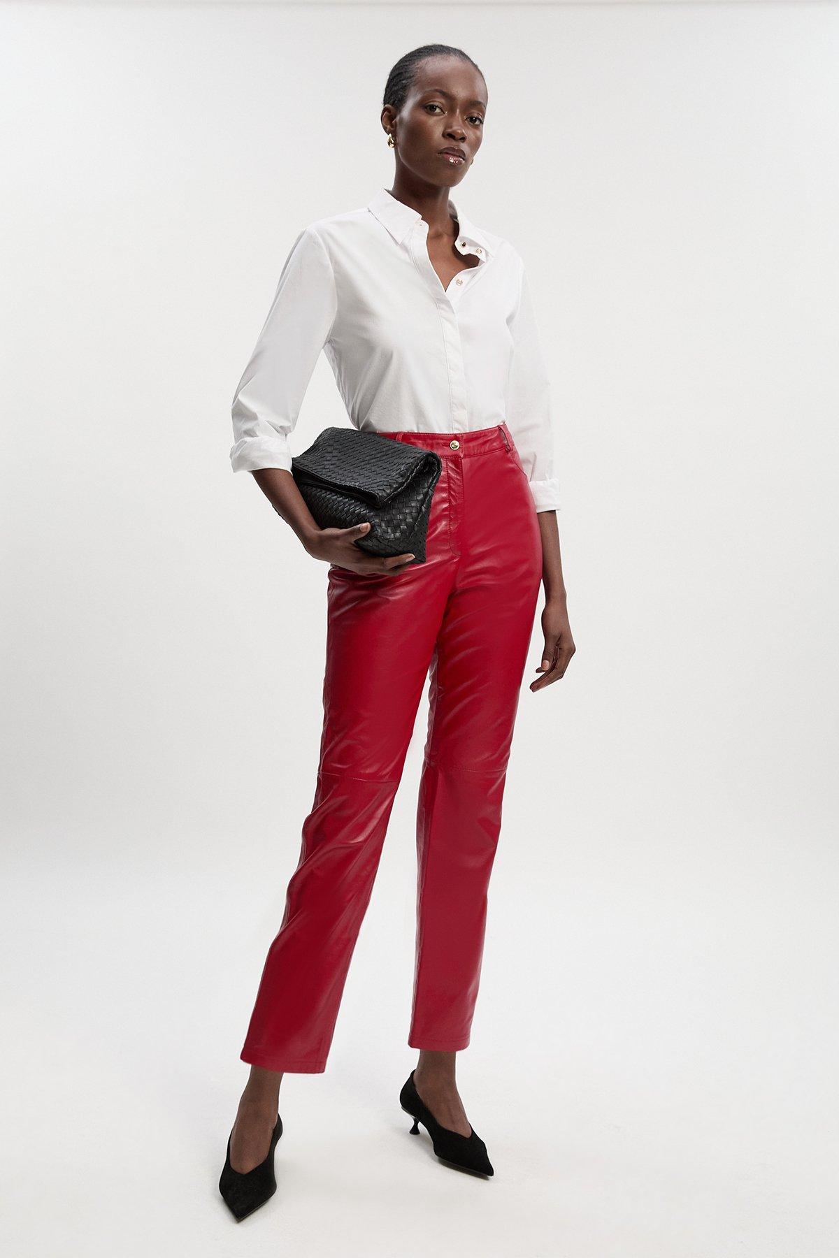 Leather Straight Leg Trouser - Red