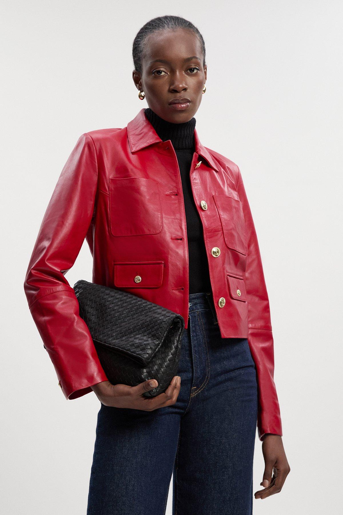 Leather Pocket Tailored Jacket - Red