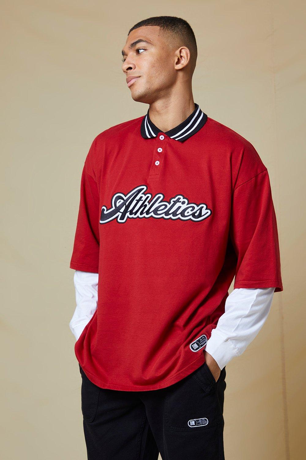 Mens Red Oversized Athletics Applique Faux Sleeve Polo, Red