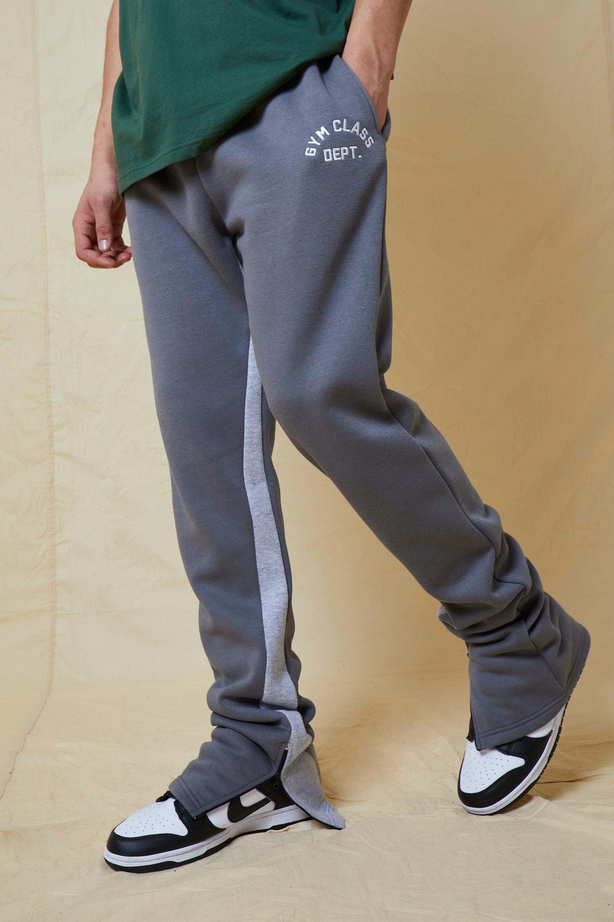 Mens Grey Embroidered Stacked Leg Gusset Jogger, Grey