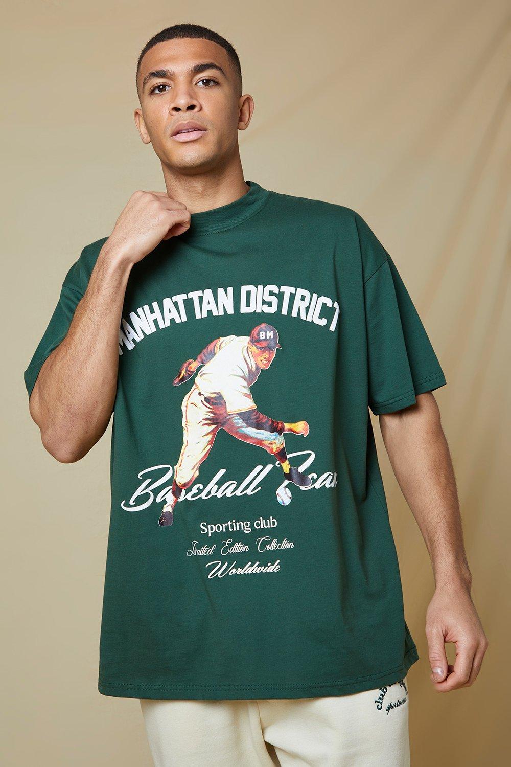 Mens Green Oversized Baseball Graphic T-shirt, Green