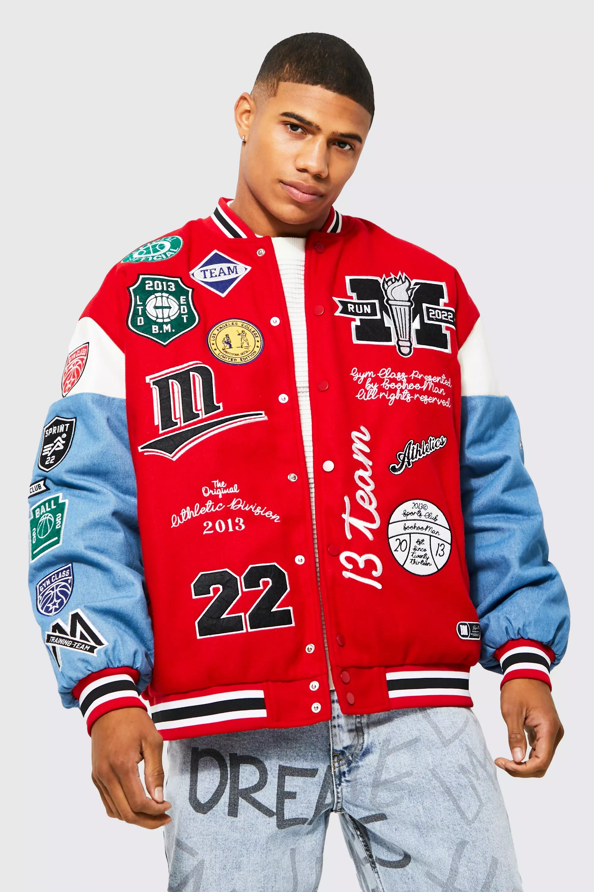 Håndfuld lektie i morgen Oversized Sports Club Badge Varsity Jacket | boohooMAN USA