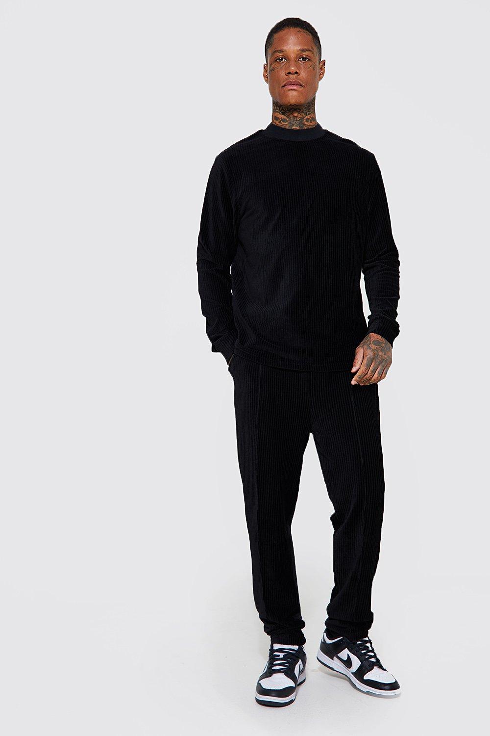 Mens Black Extended Neck Ribbed Velour jumper Tracksuit, Black