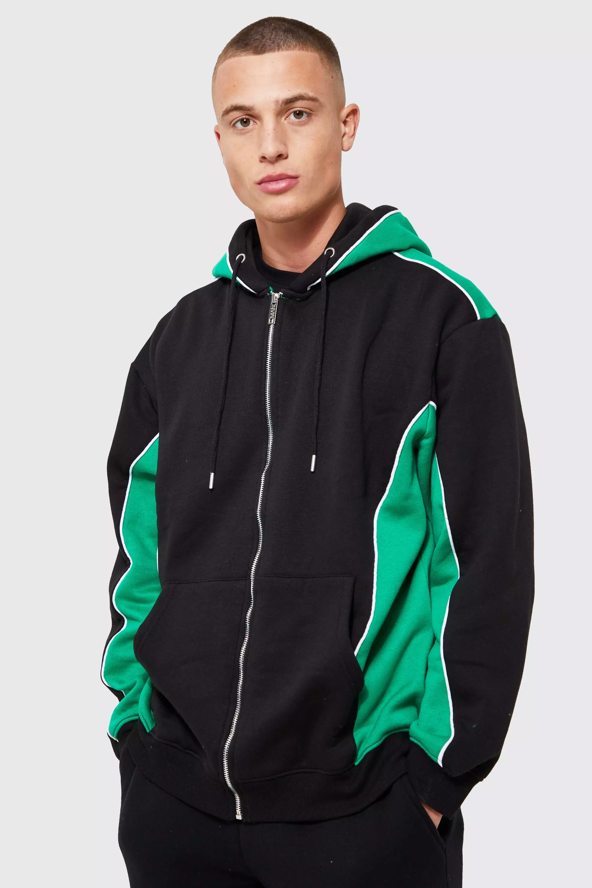 Oversized Colour Block Zip Hoodie With Piping