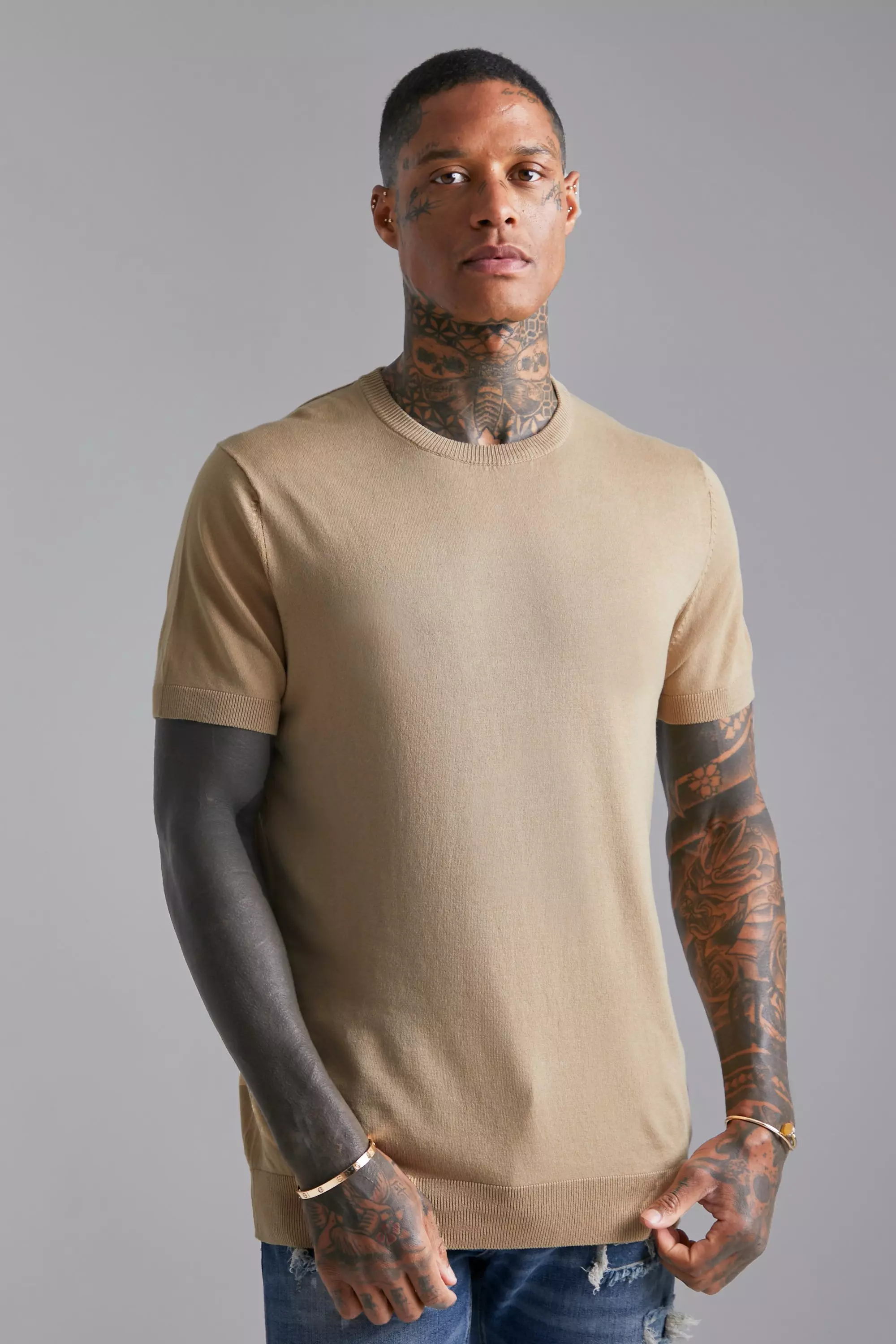 Basic Knitted T Shirt boohooMAN USA