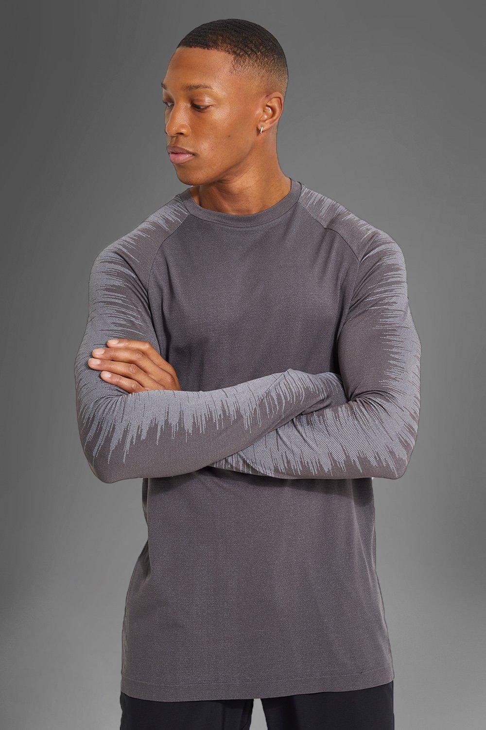 men's man active seamless stripe long sleeve top - grey - s, grey