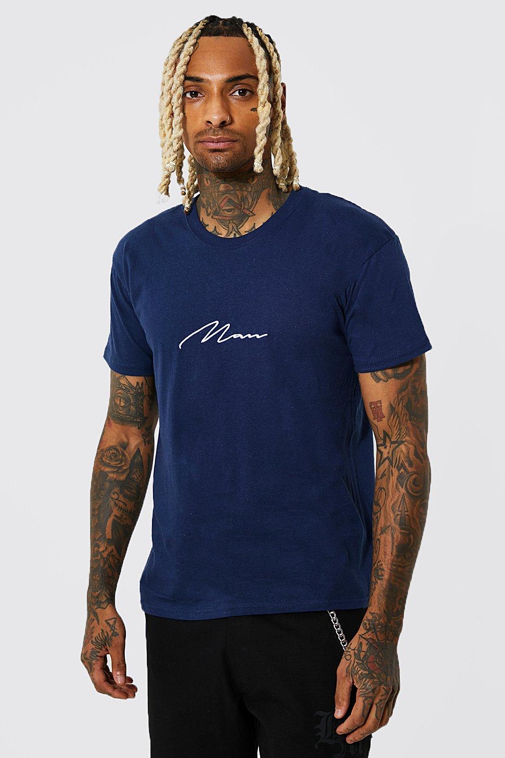 Mens Navy Man Signature Embroidered T-shirt, Navy