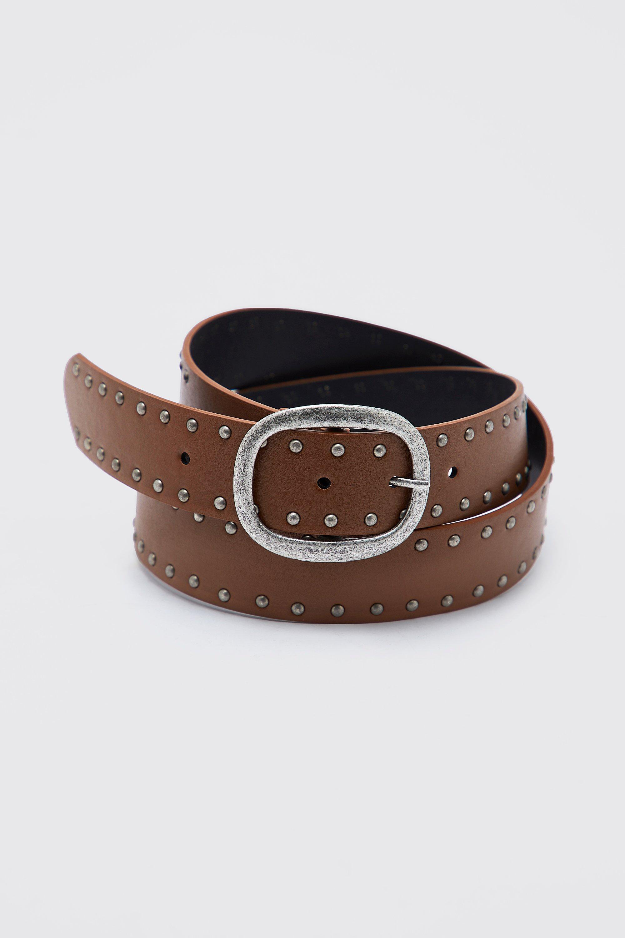 Mens Brown Leather Look Studded Belt, Brown