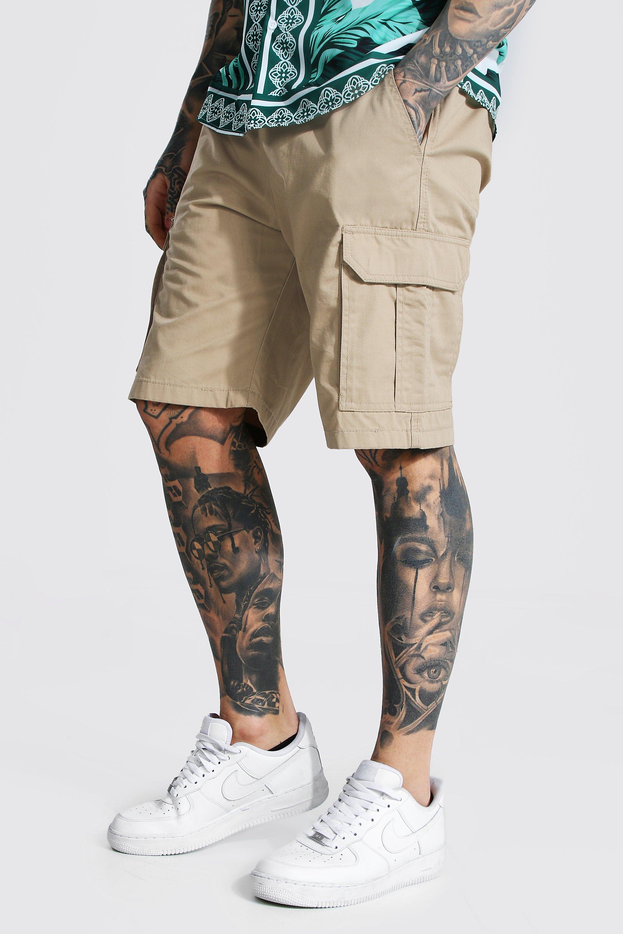 Mens Beige Elastic Waist Cargo Short, Beige