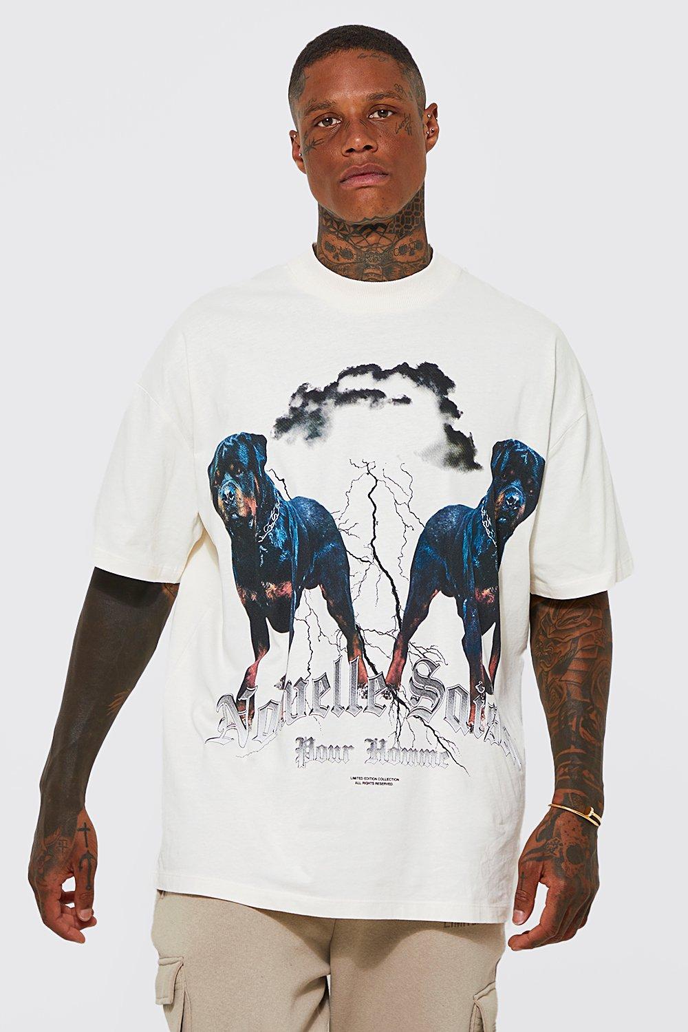 Mens Cream Oversized Rottweiler Graphic Print T-shirt, Cream