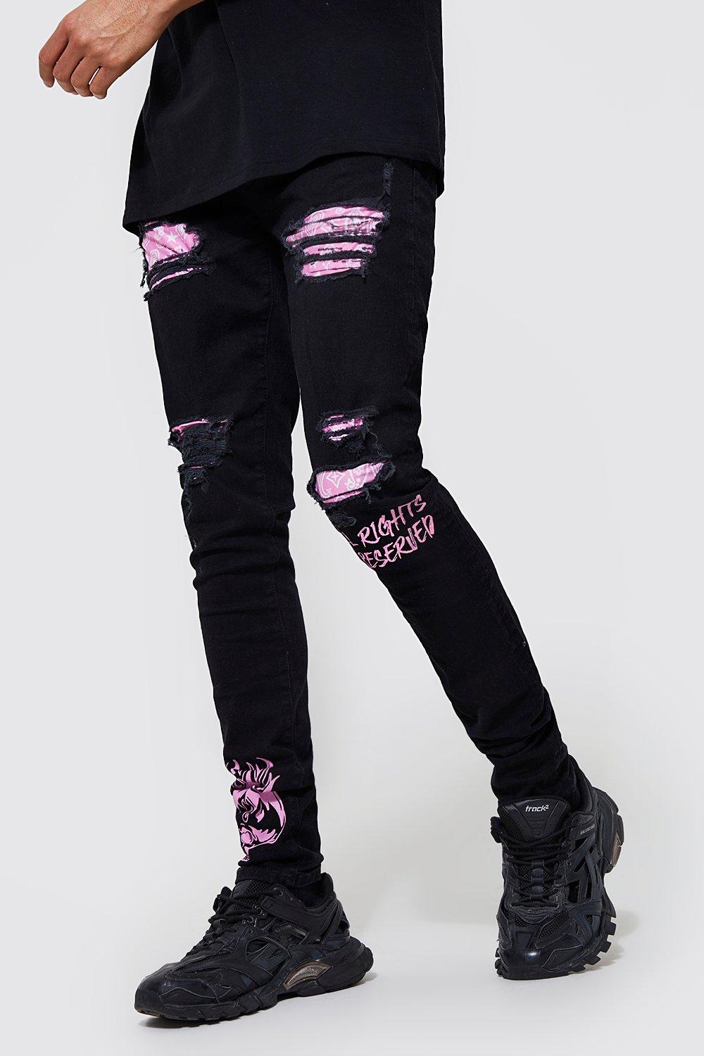 Image of Jeans Tall Skinny Fit stile Graffiti con strappi in fantasia a bandana, Nero